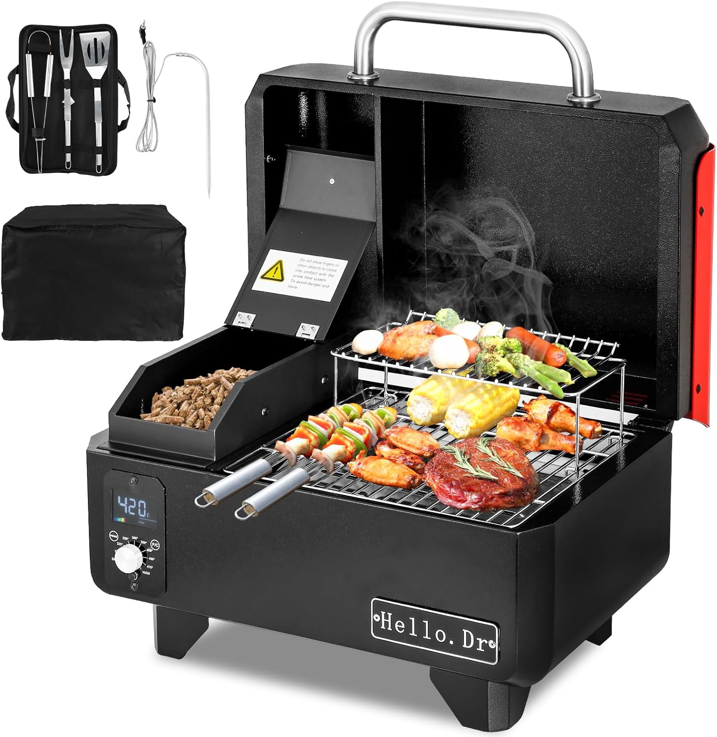 Barbecue et fumoir portable à granulés de bois, gril électrique 8 en 1 pour l'extérieur, idéal pour le camping, les pique-niques et les barbecues en camping-car. Contrôle intelligent de la température et technologie de vapeur surchauffée.