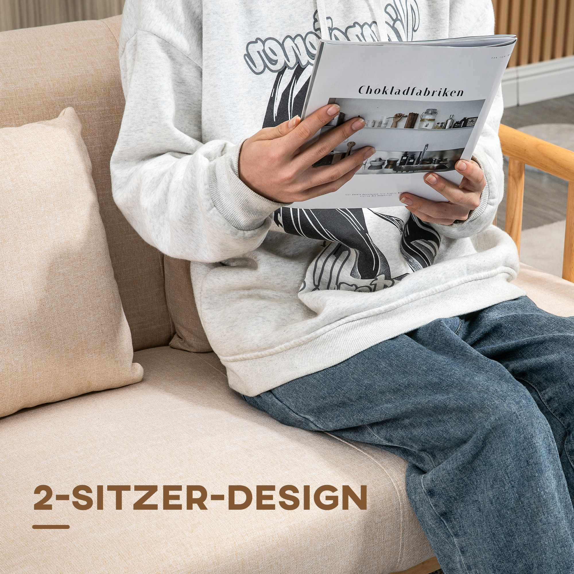 HOMCOM 2-Zitsbank, Stoffen Bekleding in Linnenlook, Compact, Tot 200 kg, Houten Frame, 123L x 69B x 74H cm, Beige