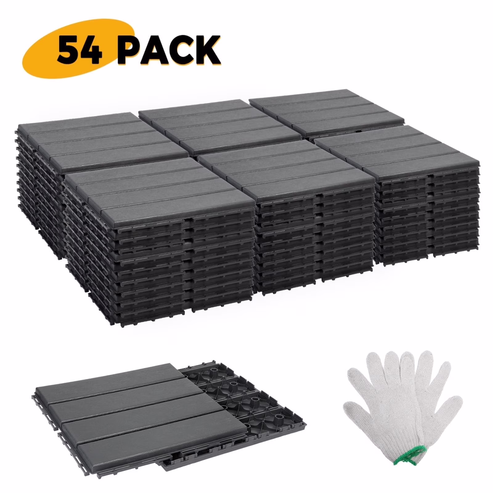BEAMNOVA Plastic Interlocking Decking Tile, 54 Pcs, 12x12 Waterproof Outdoor &Indoor Flooring All Weather Use, Garden Decking Tiles for Patio Porch Poolside Balcony Backyard (Dark Gray)