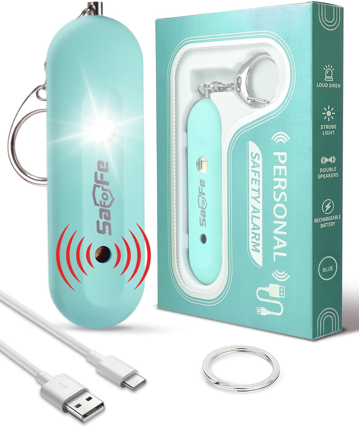 Personal Safety Alarm for Women - Waterproof Rechargeable Security Alarm - 140dB Extra Loud Siren with SOS Strobe Light - Self Defense Keychain for Women Girls Teens Seniors(Blue)