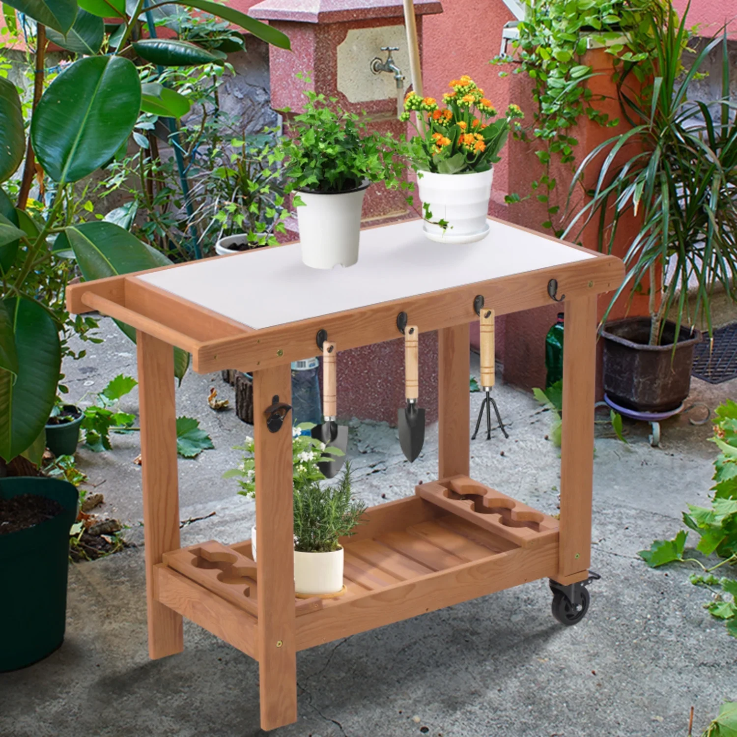 Outdoor Wooden Cart Table With Wheels Metal Top And Storage Hook For Patio Backyard Garden  Offering Both Charm And Heat Resistance