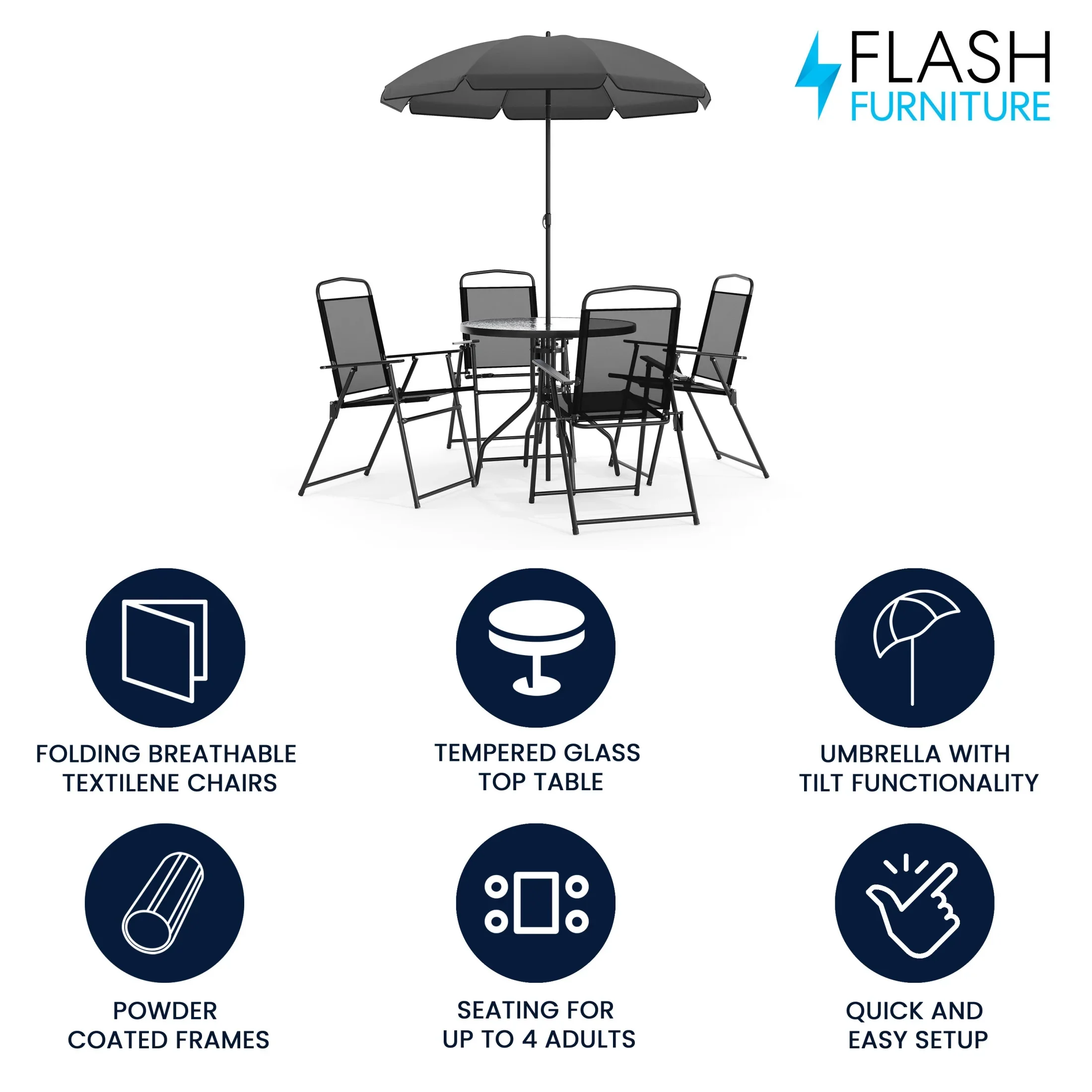Flash Furniture Nantucket 6 Piece Black Patio Garden Set with Umbrella Table and Set of 4 Folding Chairs