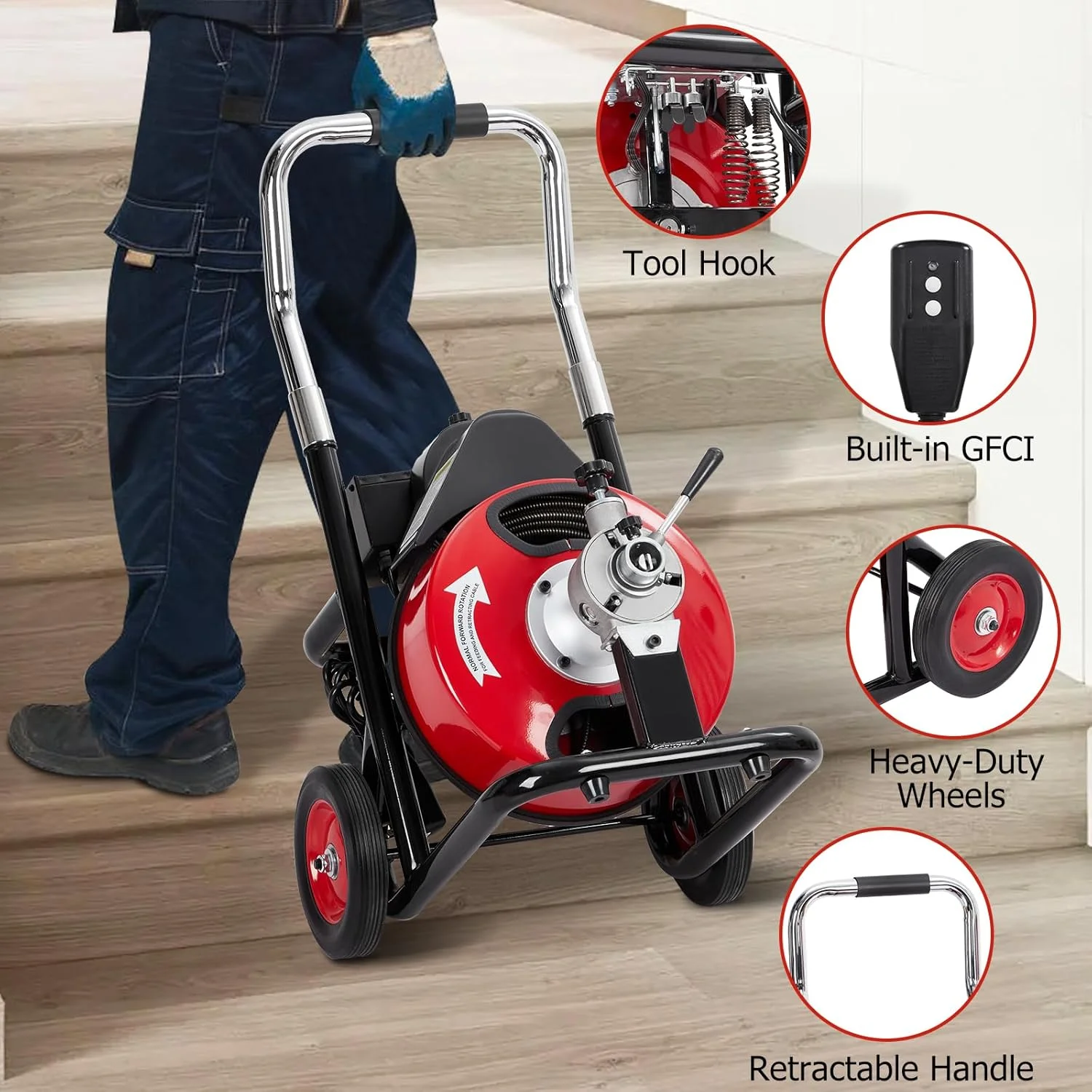 Auto Feed 100 FT x 3/8 Inch Drain Cleaner Machine with 250W Motor, Portable Sewer Snake Auger with 8 Cutters Air-Activated Foot Switch, Fits 1" to 4" Pipes(3/8inch 250W/100FT) - Image 4