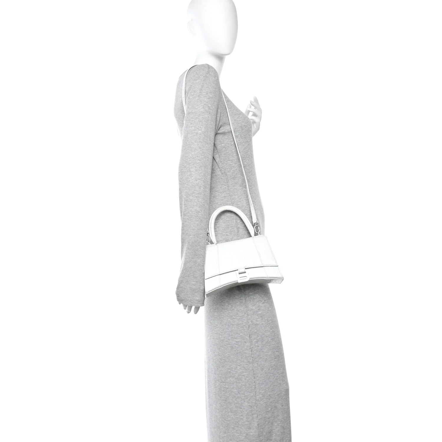 Calfskin Crocodile Embossed Small Hourglass Top Handle Bag White