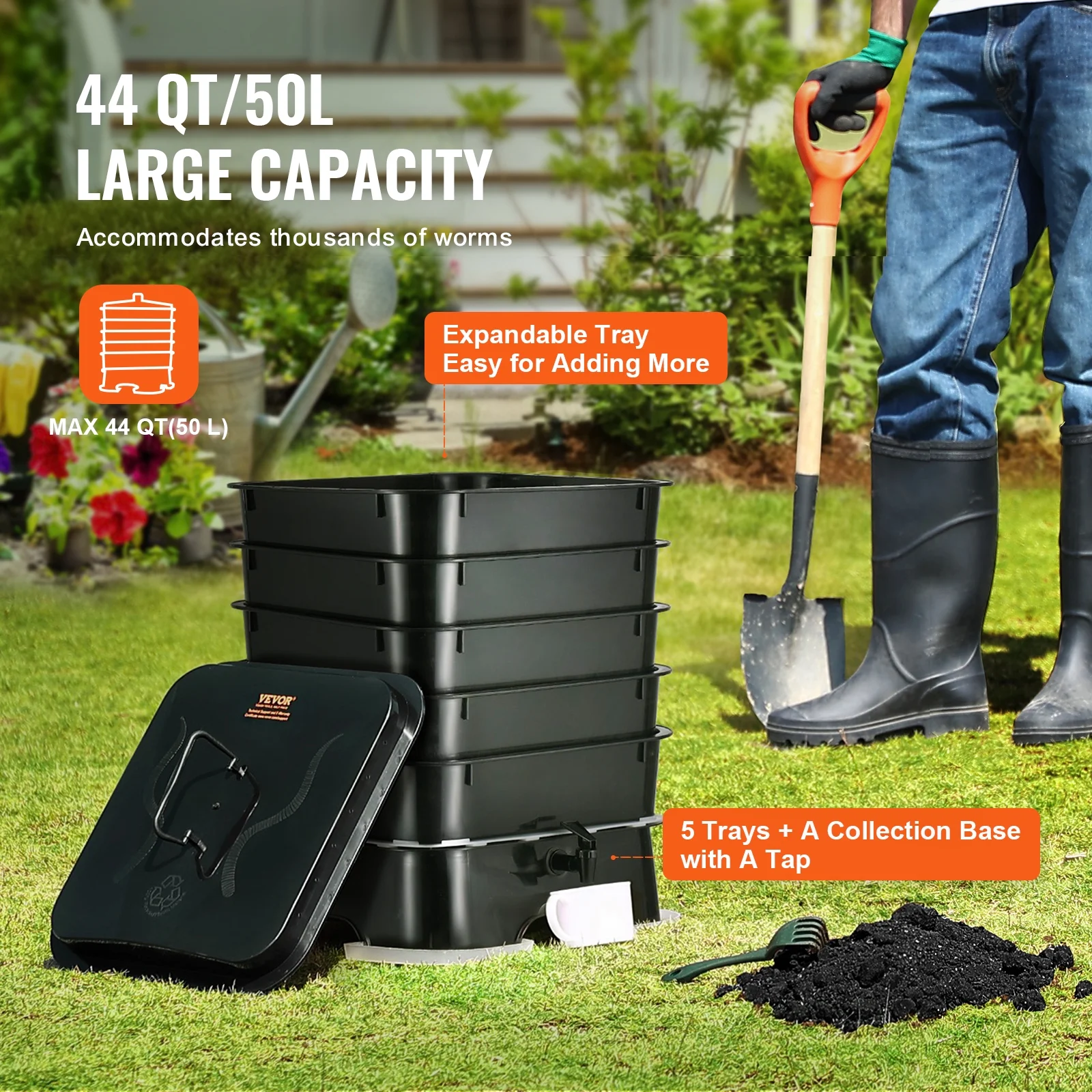 5-Tray Worm Composter 44 QT/50 L Worm Compost Bin Indoor and Outdoor - Image 8