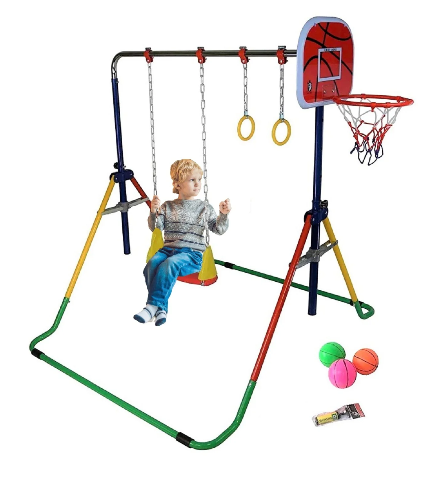 Adjustable Height Gymnastics Bar for Kids Kip Bar 6 in 1 Set, 6'x2' Gymnastic Tumble Mat, Swing Seat, 2 Trapeze Rings, Basketball Hoop, Home Junior Training Monkey Bars Fitness Balance Horizontal Bar Image 7