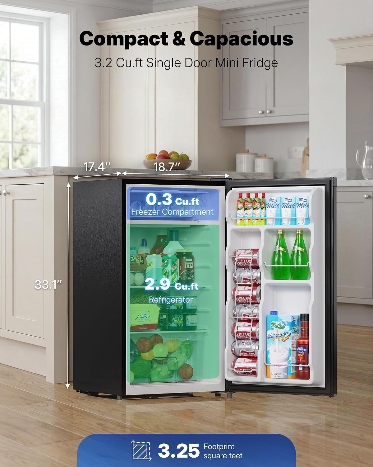 Upstreman 3.2 Cu.Ft Mini Fridge with Freezer, Black-BR321| Adjustable Thermostat, Energy Saving, Low Noise, Reversible Door, Small Refrigerator for Dorm, Bedroom, Office
