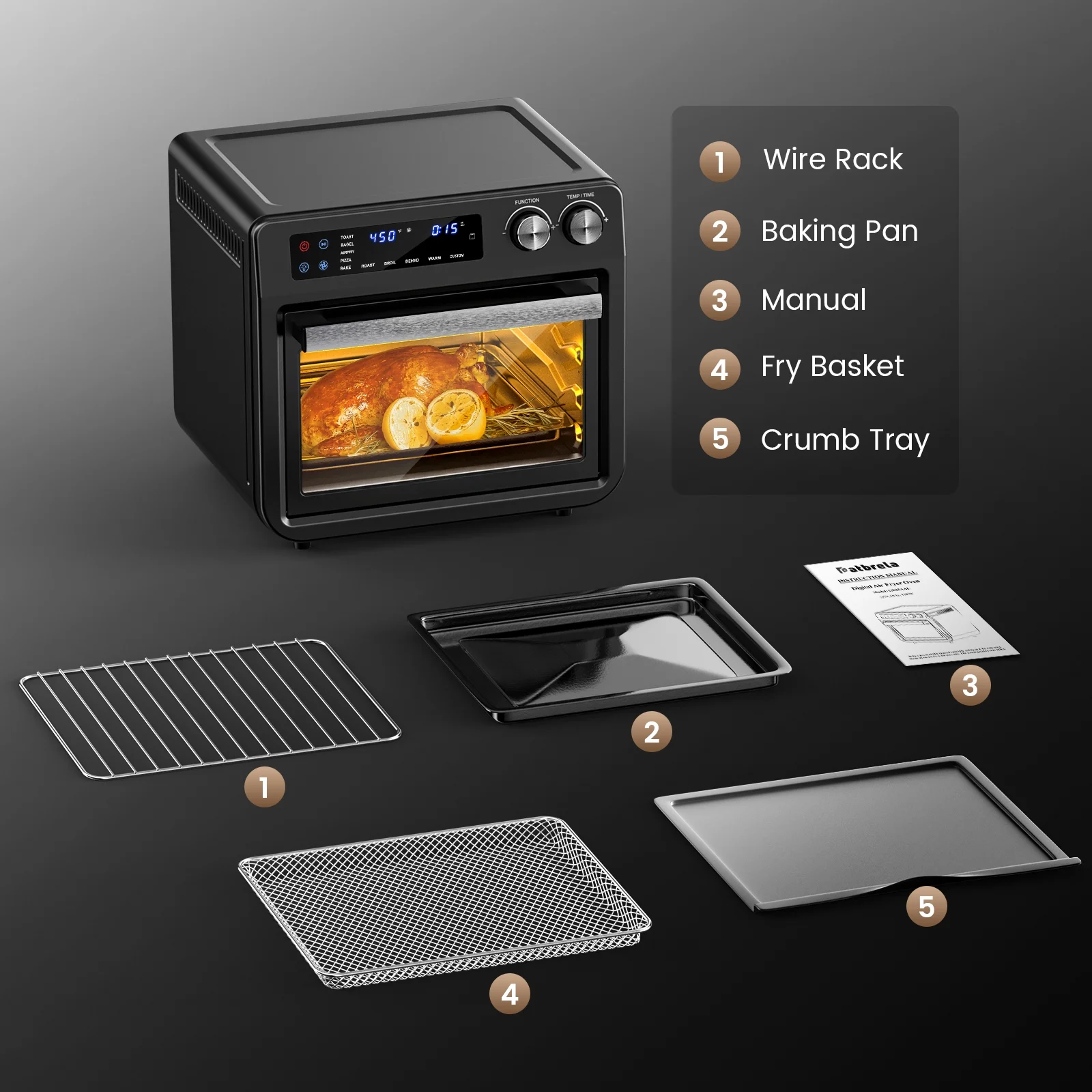 26QT Air Fryer Oven,Oil-Less Digital Touchscreen Toaster Oven with 10-in-1 Multi FunctionCustom Mode, Visible Window , 1800W,Black - Image 8