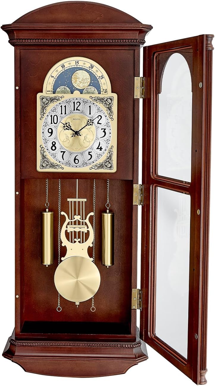 Bulova Litchfield Large Regulator Wall Clock, Model C4332| Classic Pendulum Design| Harmonic Hourly Chime| Brown Cherry Finish
