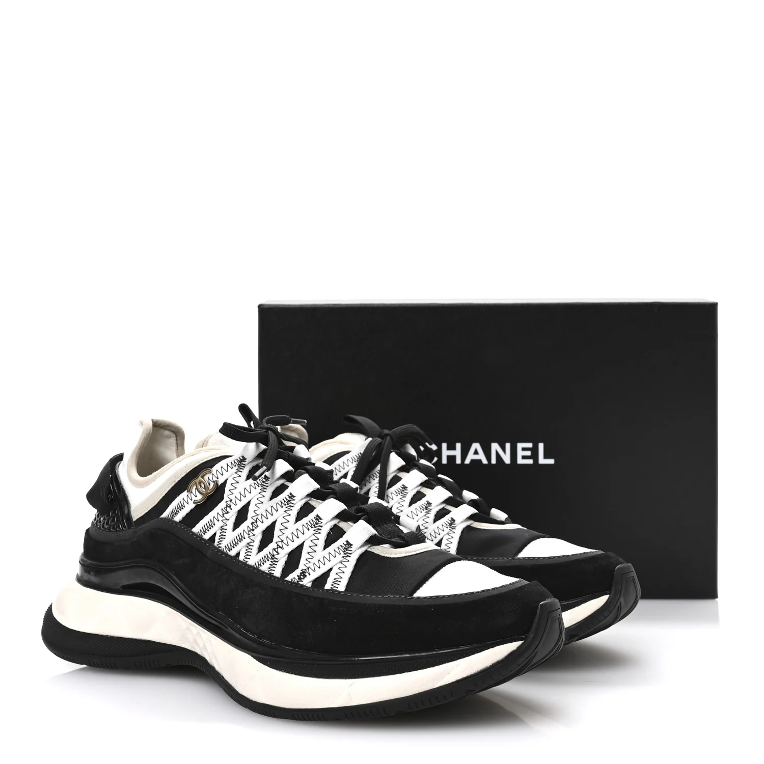 Fabric Suede Calfskin Sneakers 41 Black Beige White