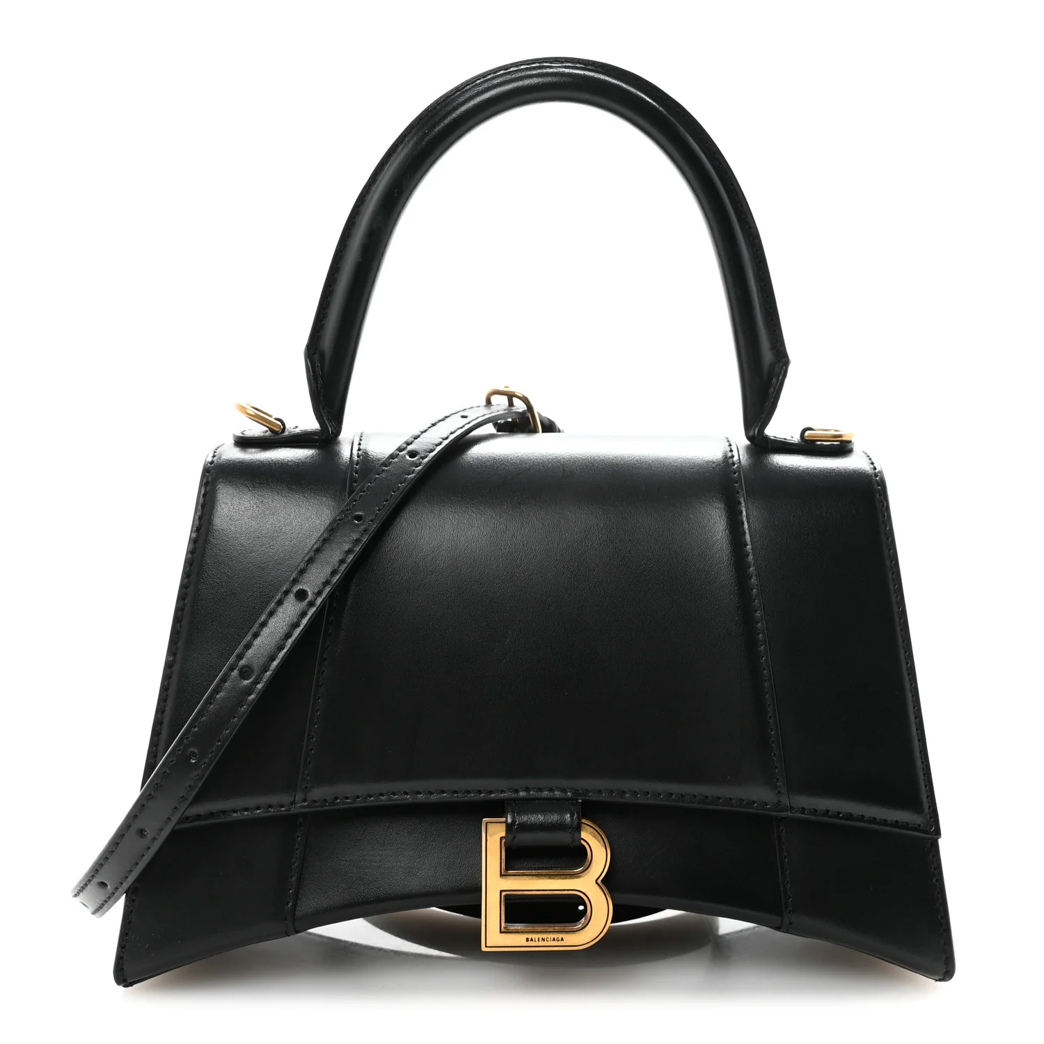 Shiny Box Calfskin Small Hourglass Top Handle Bag Black