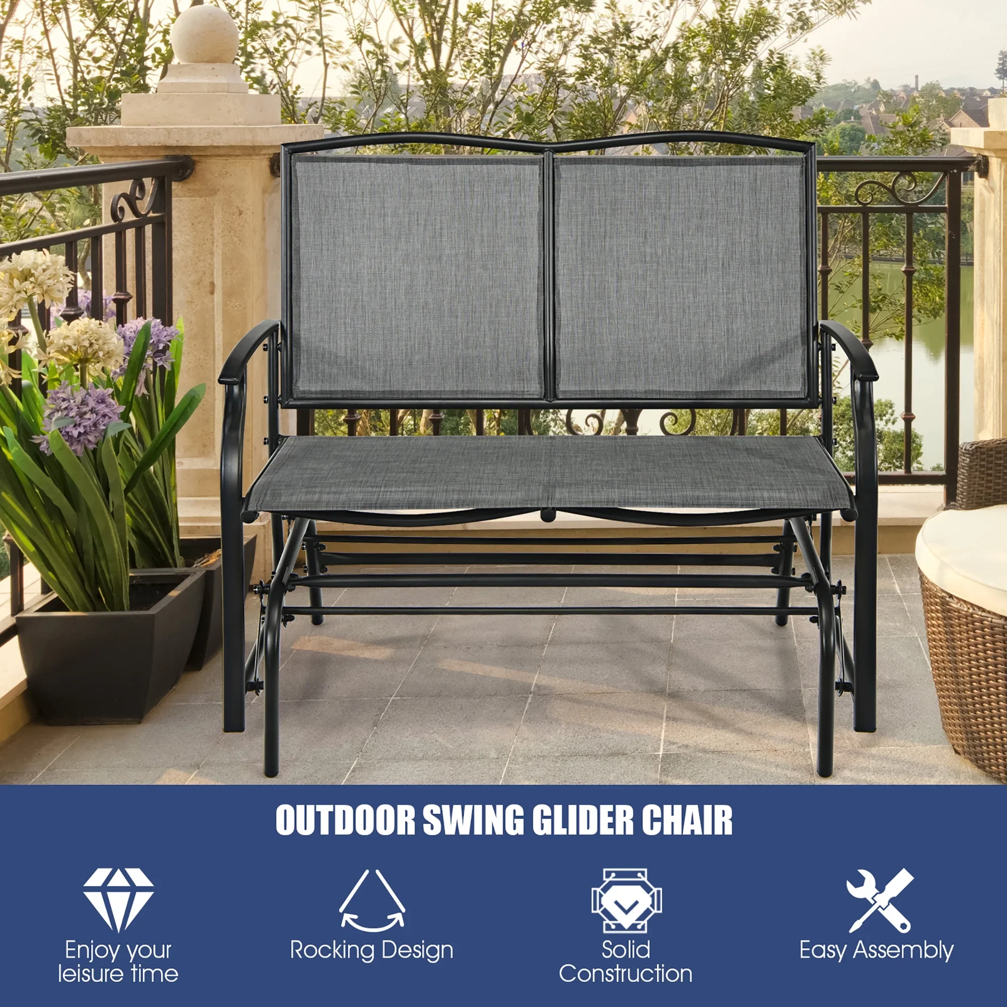 Costway Patio Glider Rocking Bench Double 2 Person Chair Loveseat Garden Black