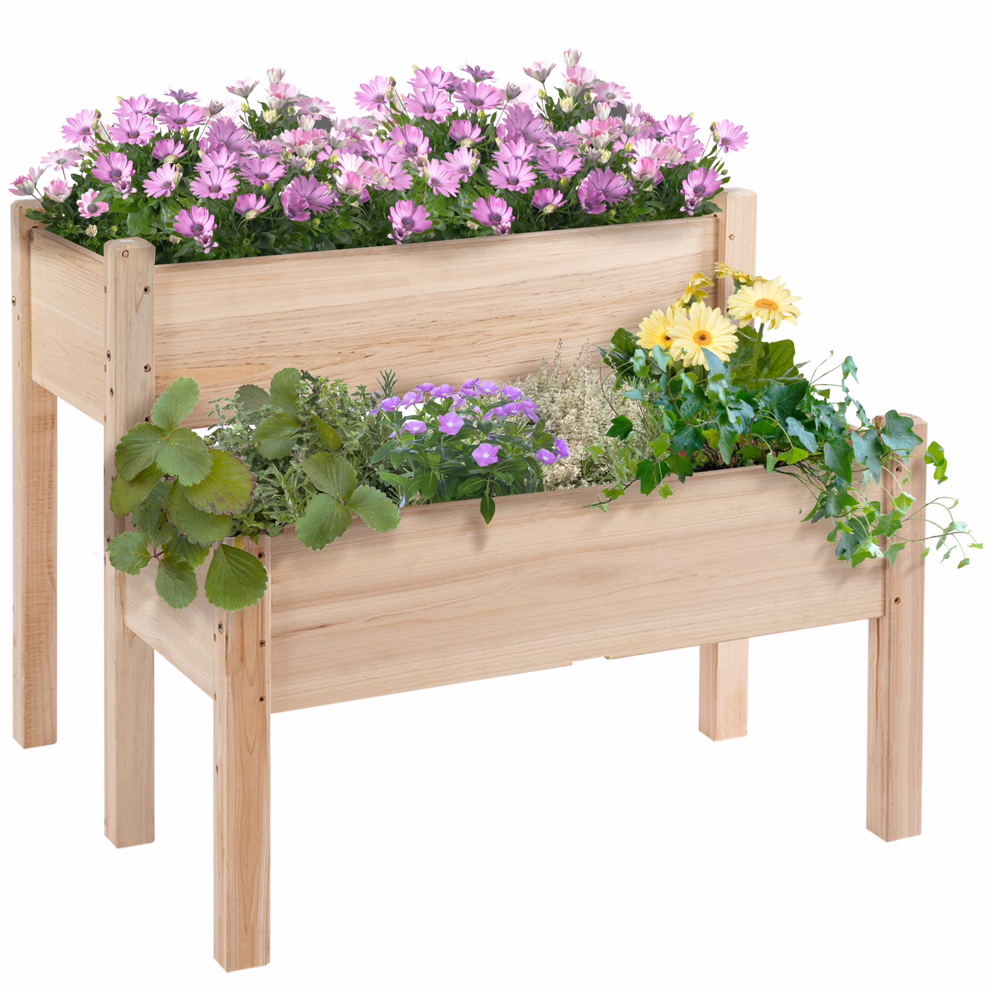 QISHENSHUI 2-Tier Raised Garden Bed 34x34x28 �C Elevated Wood Planter Stand with Deep Grow Box for Healthy Root Development & Back-Friendly Gardening, Gray