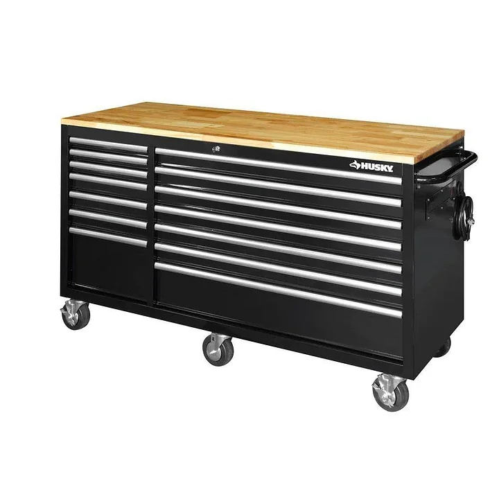 Établi mobile de 157 cm (62 po) à 14 tiroirs avec plateau en bois massif, noir