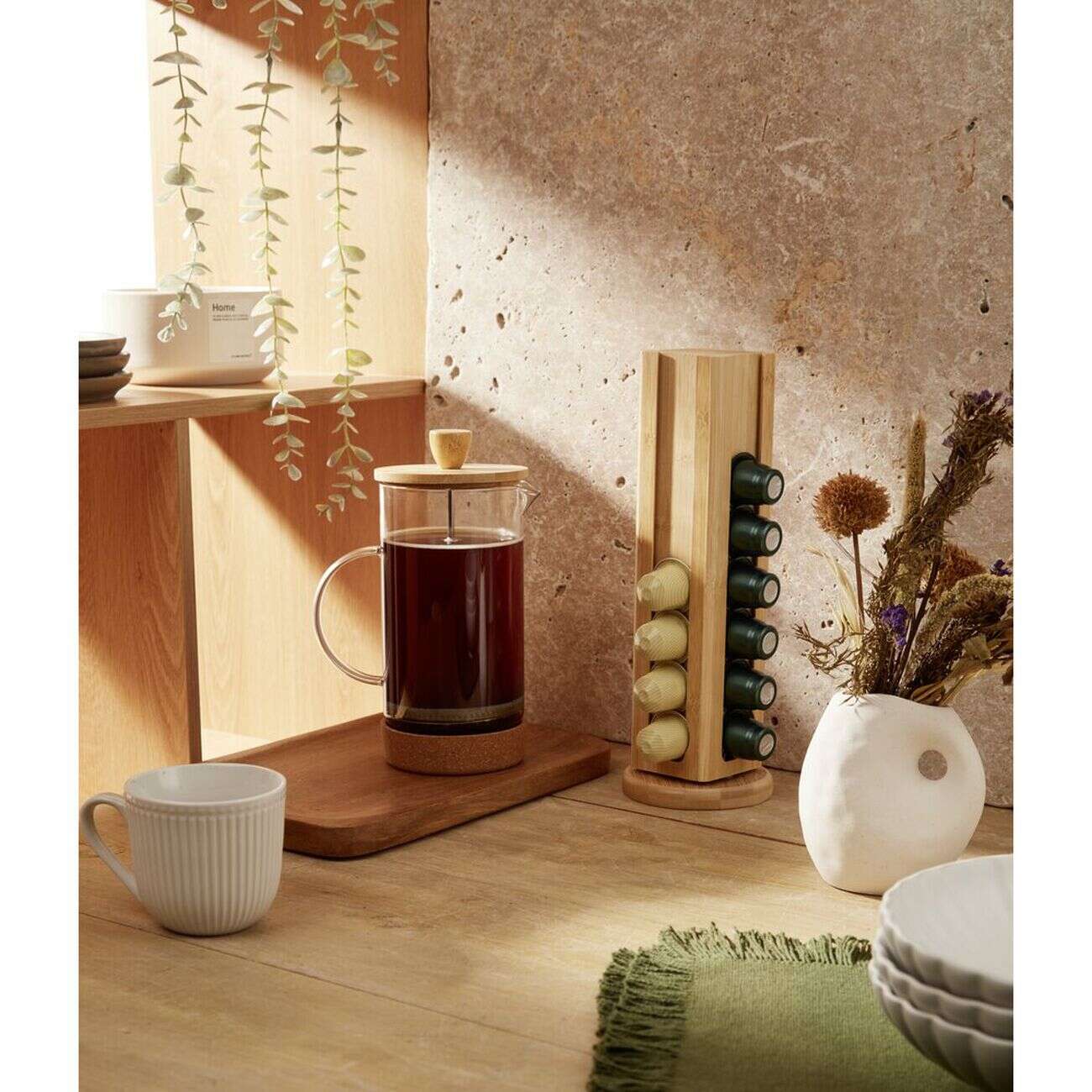 Cafetière à piston en verre, acier et bambou 1L