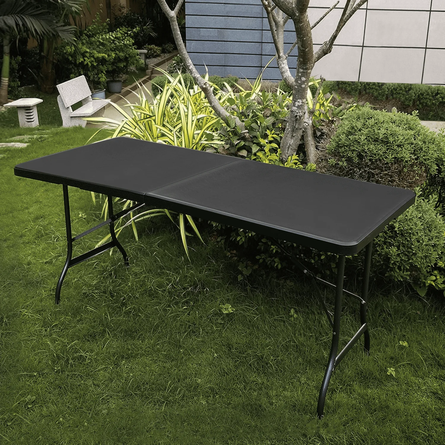 Magshion 6ft Plastic Folding Card Table Set of 5, Indoor Outdoor Portable Rectangle Desk with Carry Handle and Lock for Camping Picnic, Black