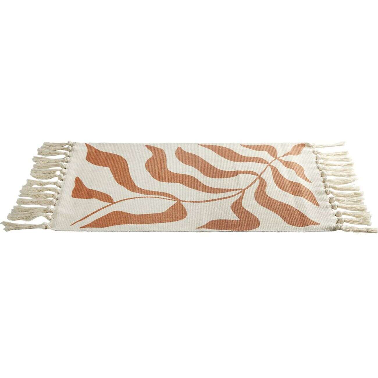 Tapis salle de bain à franges motif feuillage blanc écru et marron 45x70cm