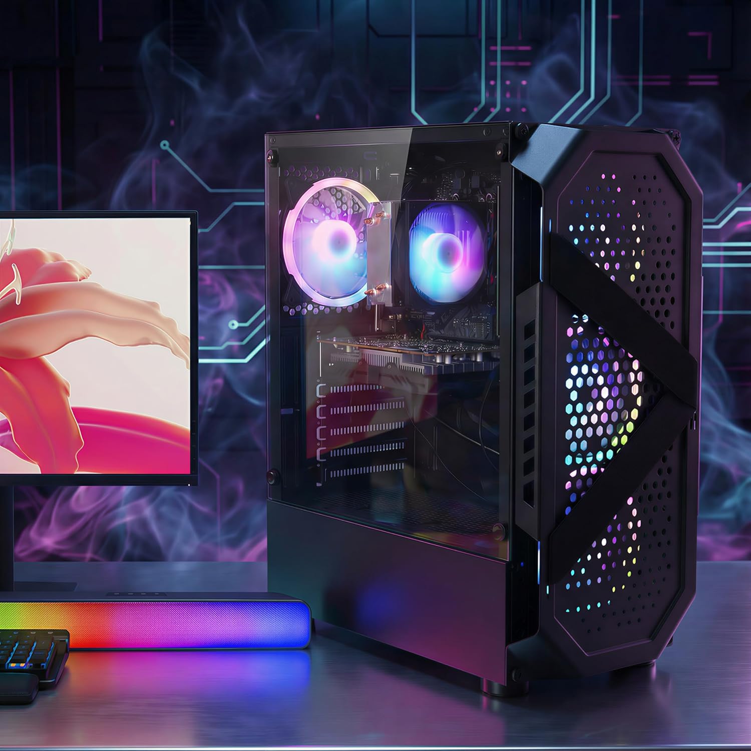 STGAubron Gaming PC Desktop Computer  AMD Ryzen 5 5500 up to 4.2G  Radeon RX 6500 4G  16GB DDR4  512GB SSD  WiFi 6  BT 5.2  RGB Fan x4  Windows 11 Home