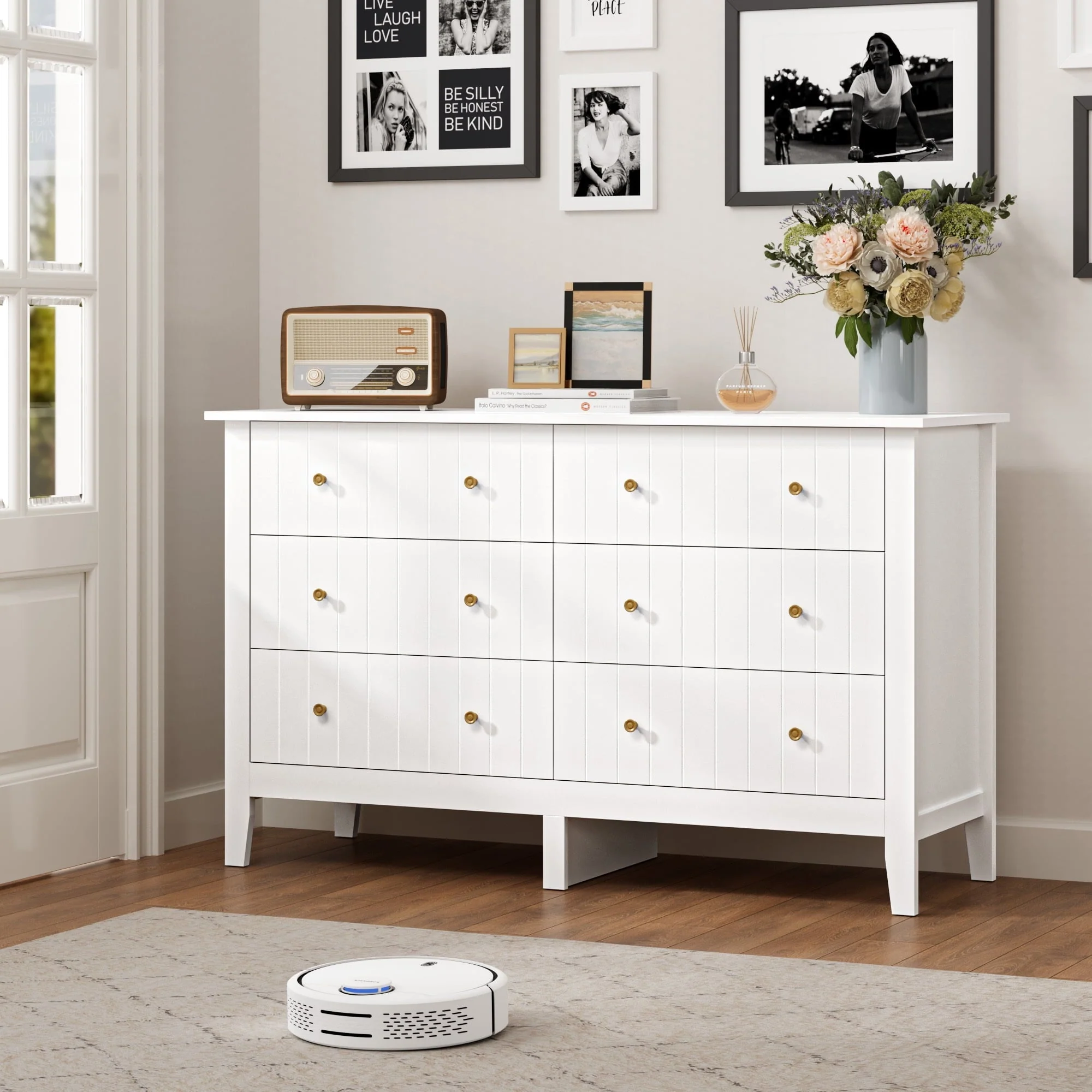Homfa 6 Drawer Double White Dresser for Bedroom, Modern Wood Dresser Storage Cabinet for Living Room Image 6