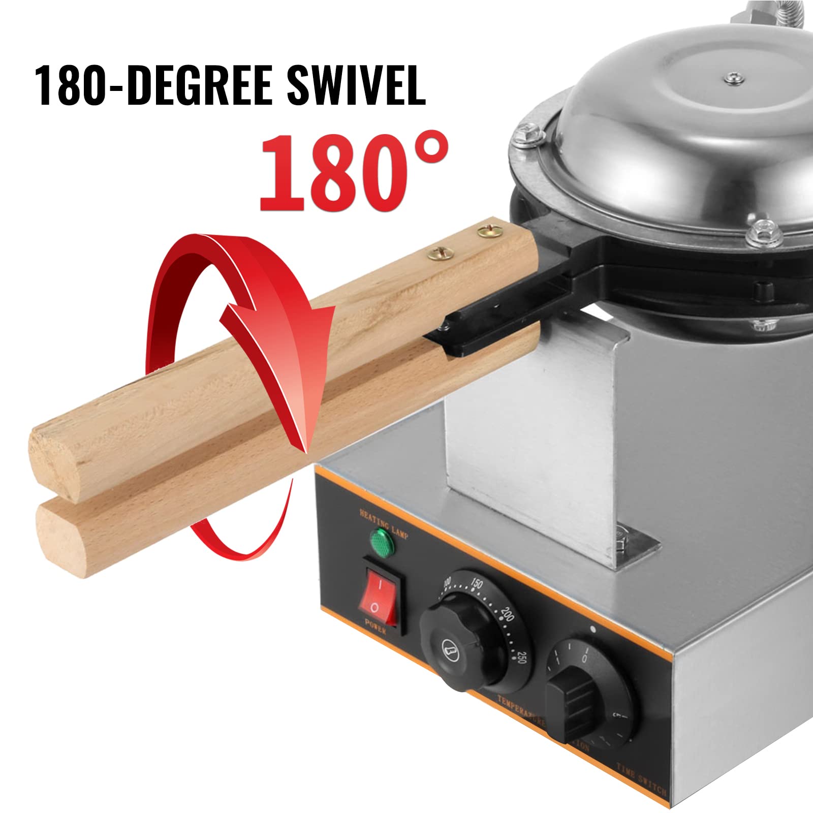 Commercial Bubble Waffle Maker, 1400W Egg Bubble Puff Iron w/ 180° Rotatable 2 Pans & Wooden Handles, Stainless Steel Baker w/Non-Stick Teflon Coating, 50-250℃/122-482℉ Adjustable