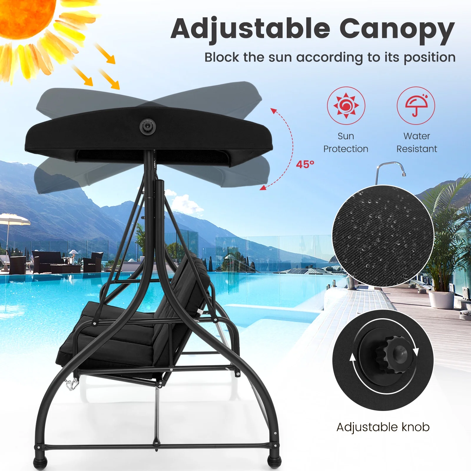 3-Seat Outdoor Converting Patio Swing Glider Adjustable Canopy Porch Swing Black(Black) - Image 8
