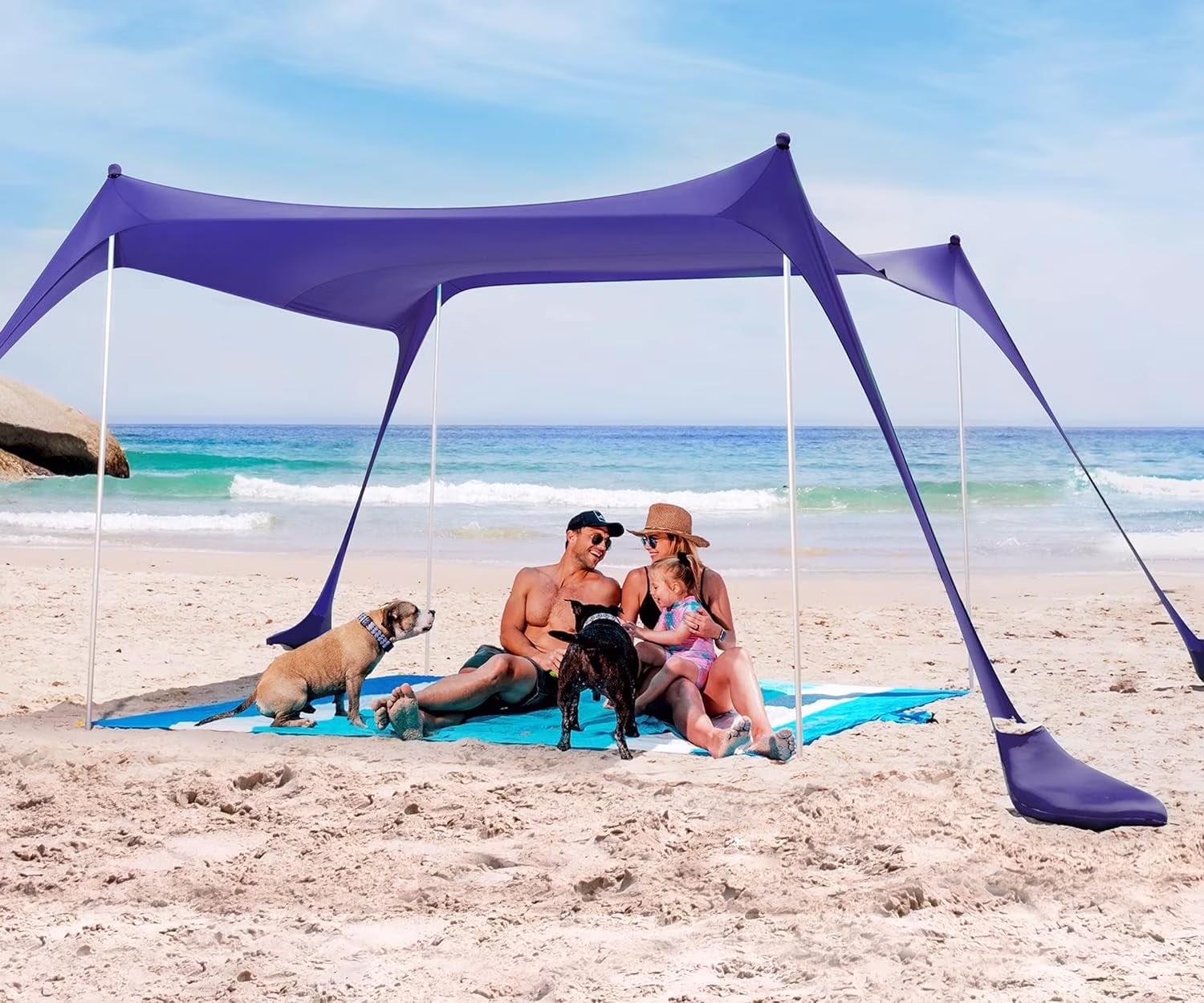 SUN NINJA 10x10.5 FT Pop - up Beach Tent with Sand Shovel, Pegs & Stability Poles - Navy Blue Sun Shelter for Beach, Camping & Outdoor Activities