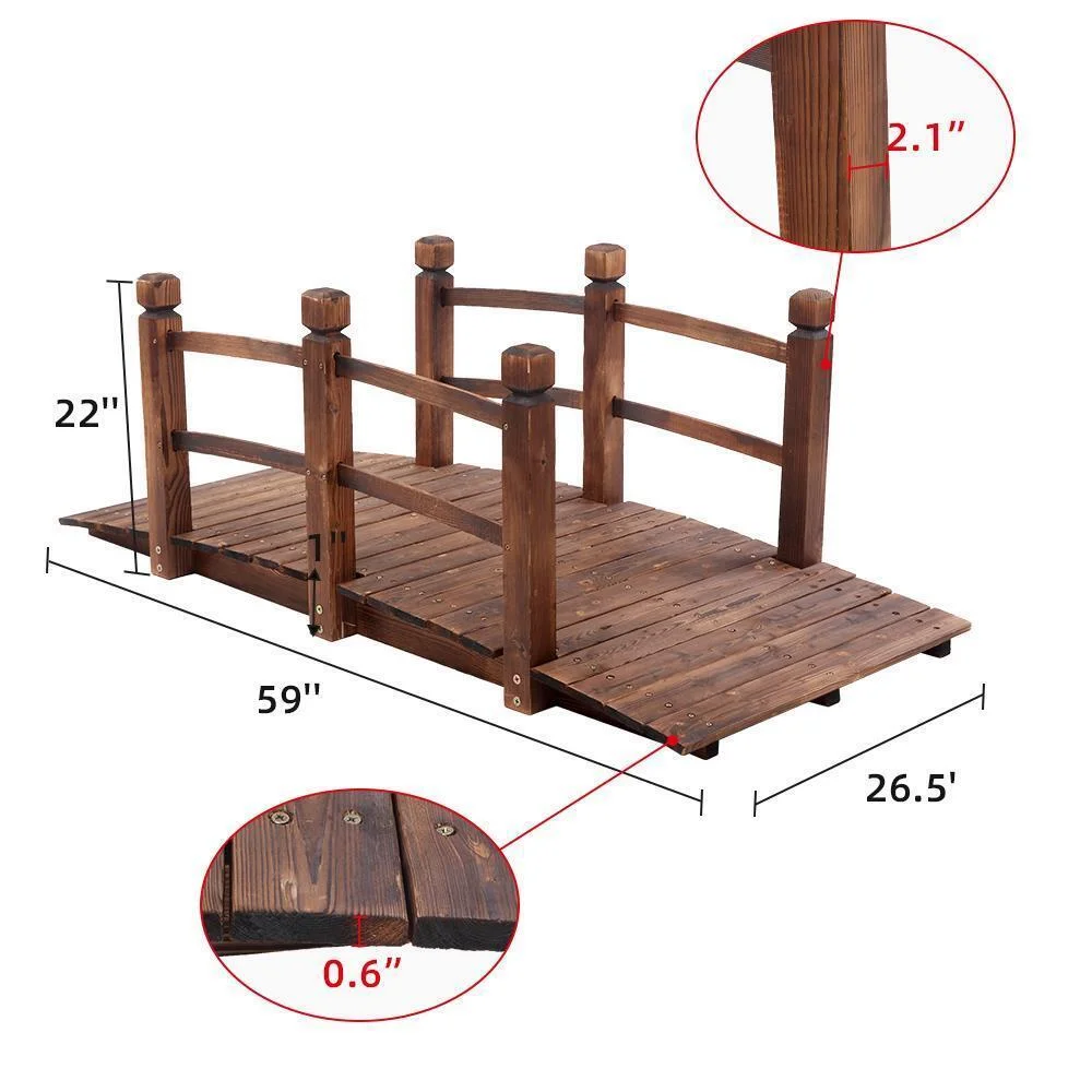 GFNXYI 5 Ft Wooden Garden Bridge with Double Rails, 59 Decorative Arch Bridge for Yard, Pond, Stream, Landscape Walkway �C Outdoor Treated Wood Structure