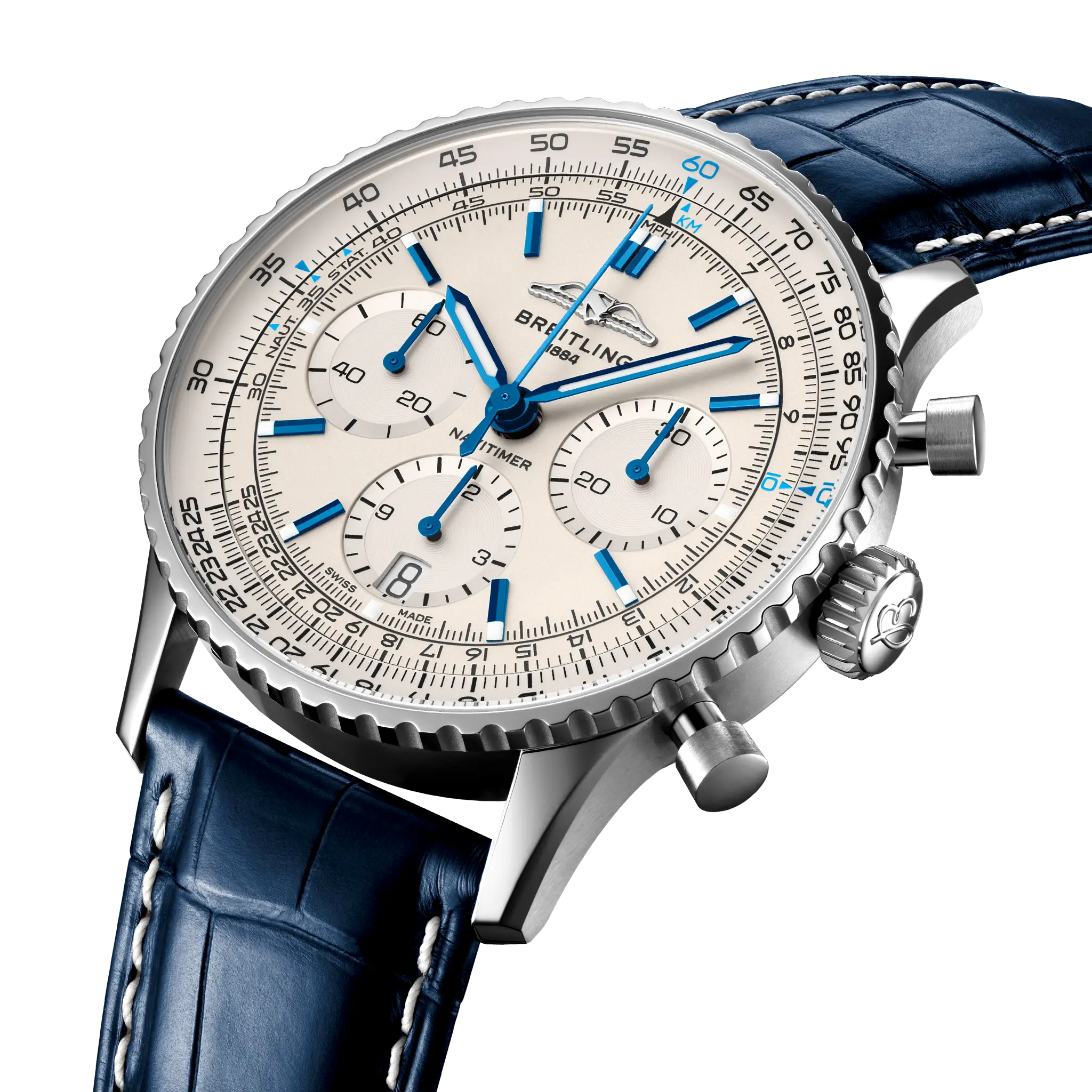 【Super Clone】Breitling Navitimer B01 Chronograph 41 Silver Dial Blue Strap AB0139A71G1P1