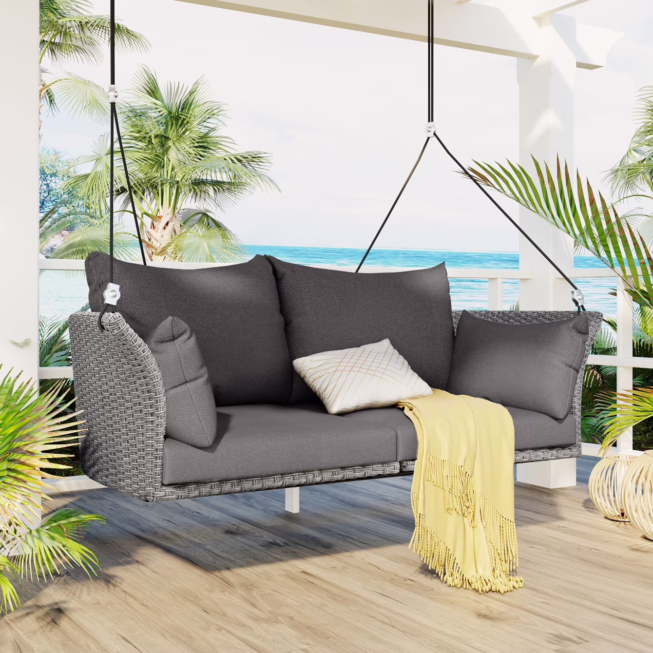 2-Person Porch Swing, 51.9 Patio Swing, Rattan Woven Porch Swings Outdoor with Ropes, Gray Wicker and 2 Back Cushions Capacity 500lbs for Garden, Balcony, Living Room