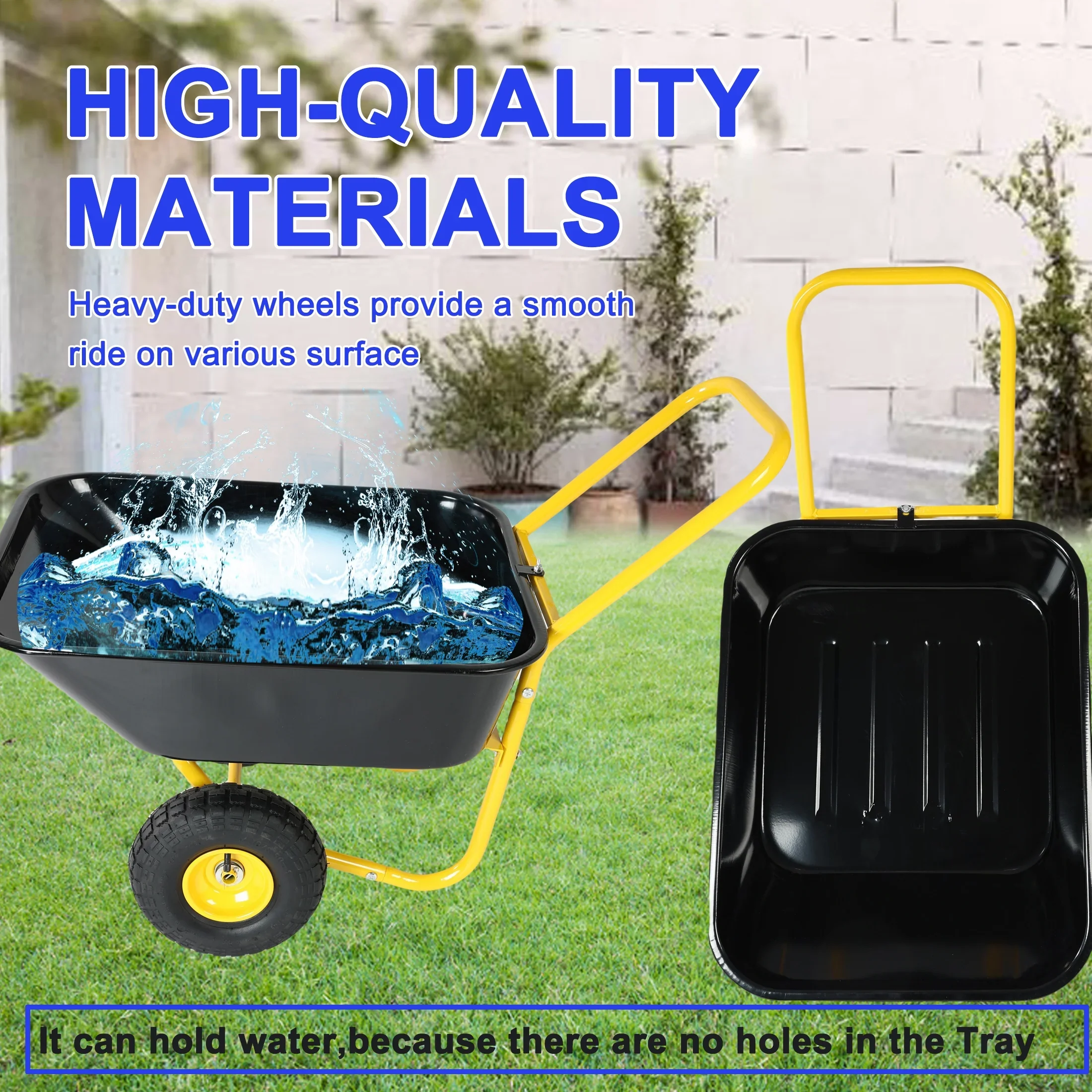 Olurrisa 2 Wheel Wheelbarrow, Plastic and Steel Wheel Barrel, 300lbs Capacity Garden Cart for Lawn, Gardening, Construction
