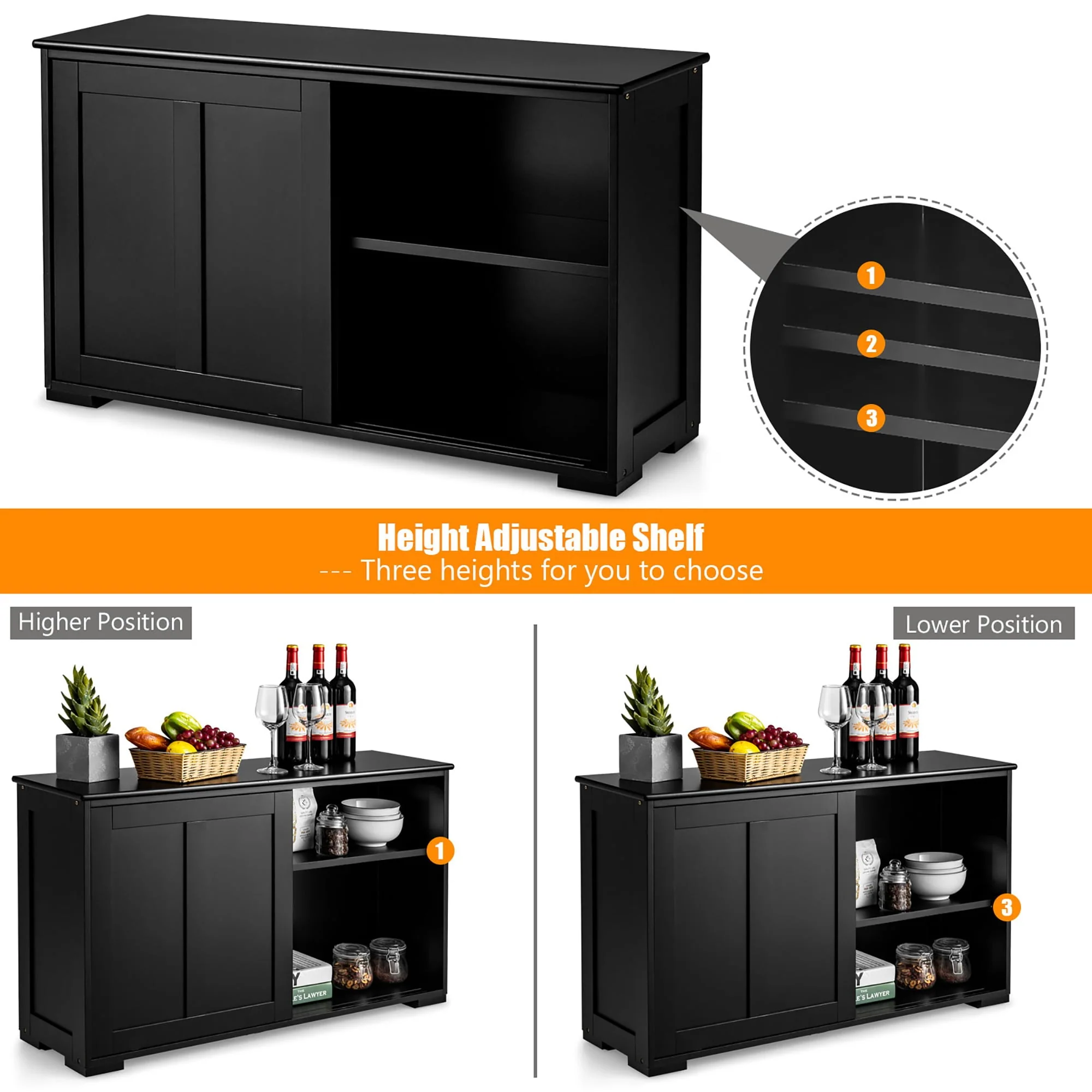 Costway Kitchen Storage Cabinet Sideboard Buffet Cupboard Wood Sliding Door Pantry Black
