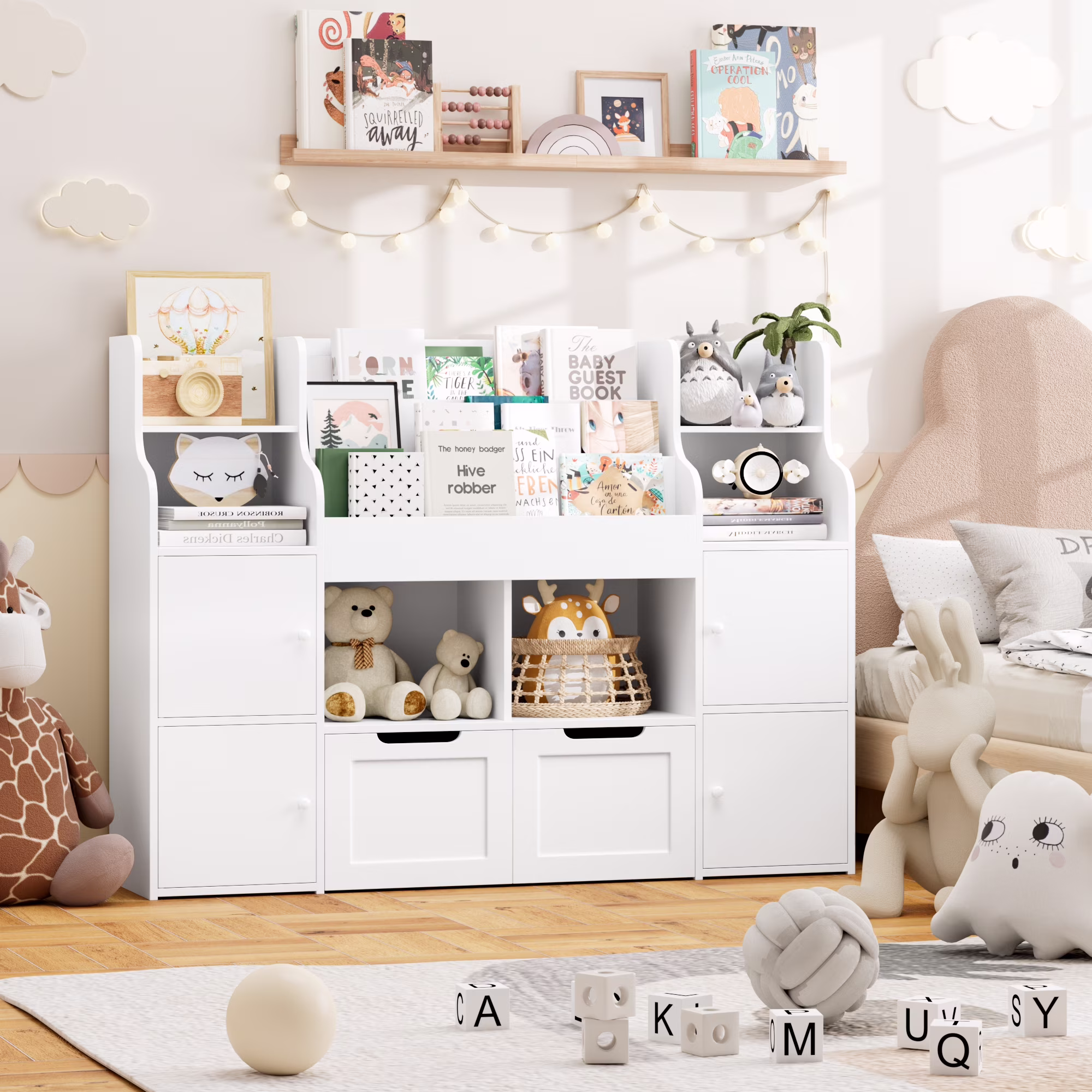 4 Doors Kids Bookcase with 3 Tier Book Racks 2 Mobile Drawers, 4 Cube Bookshelves Toy Storage Organizer for Playroom Kids Room, White(White)