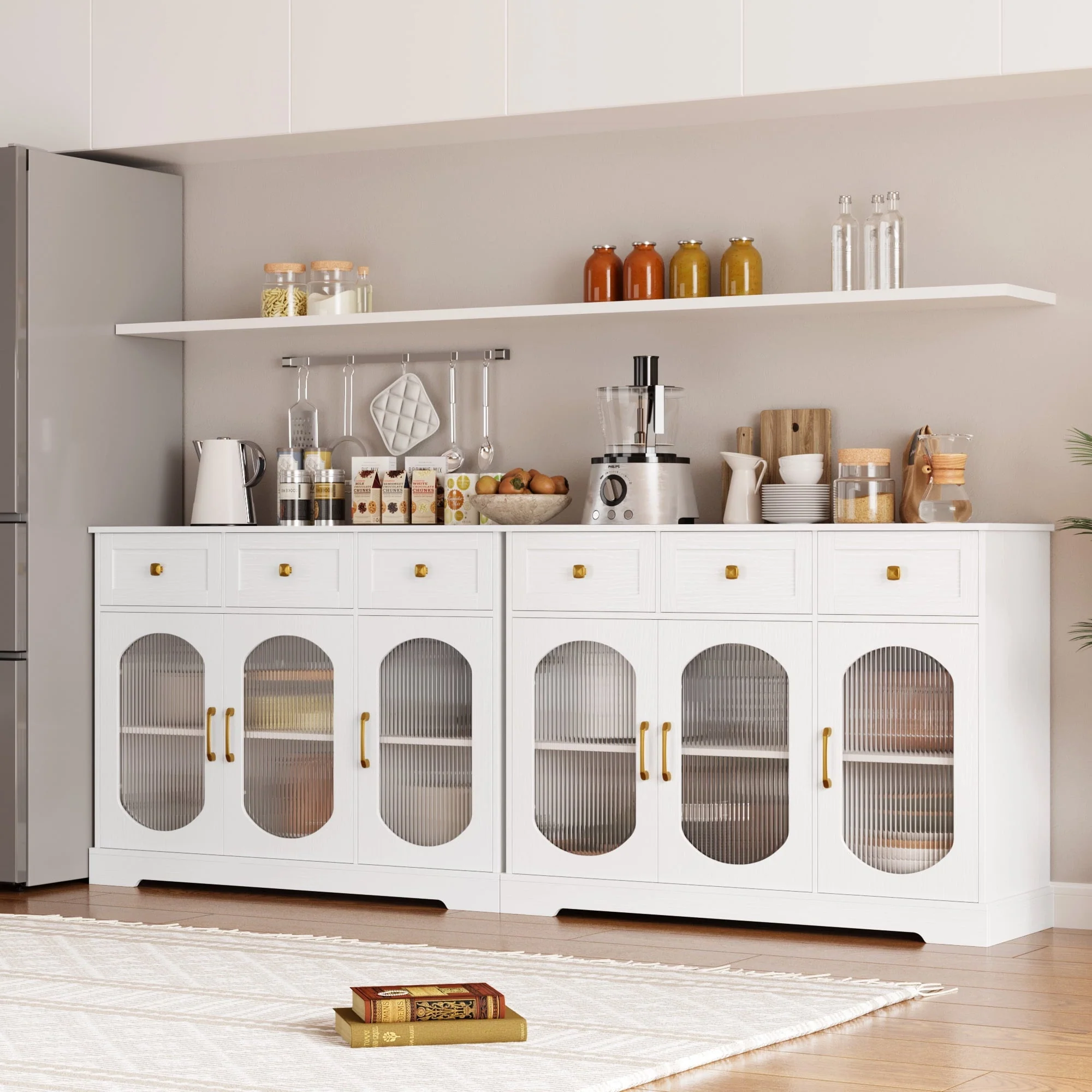 Homfa 3 Drawer Buffet Cabinet with 3 Curved Glass Doors, 47 2''W Kitchen Sideboard with Adjustable Shelf, White(Black) Image 3
