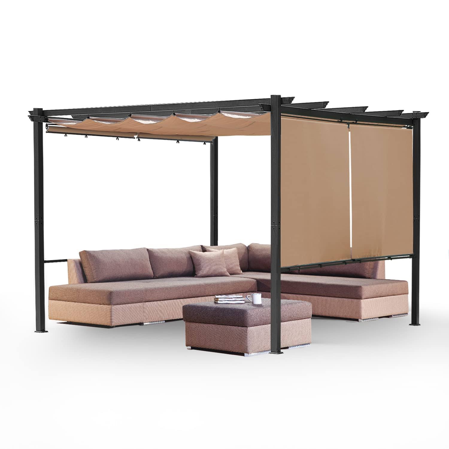 Aoodor 12 x 12 ft Outdoor Pergola with Retractable Canopy, Aluminum Frame, 2 Sides Patio Sun Shade Shelter for Backyard, Deck - Dark Brown