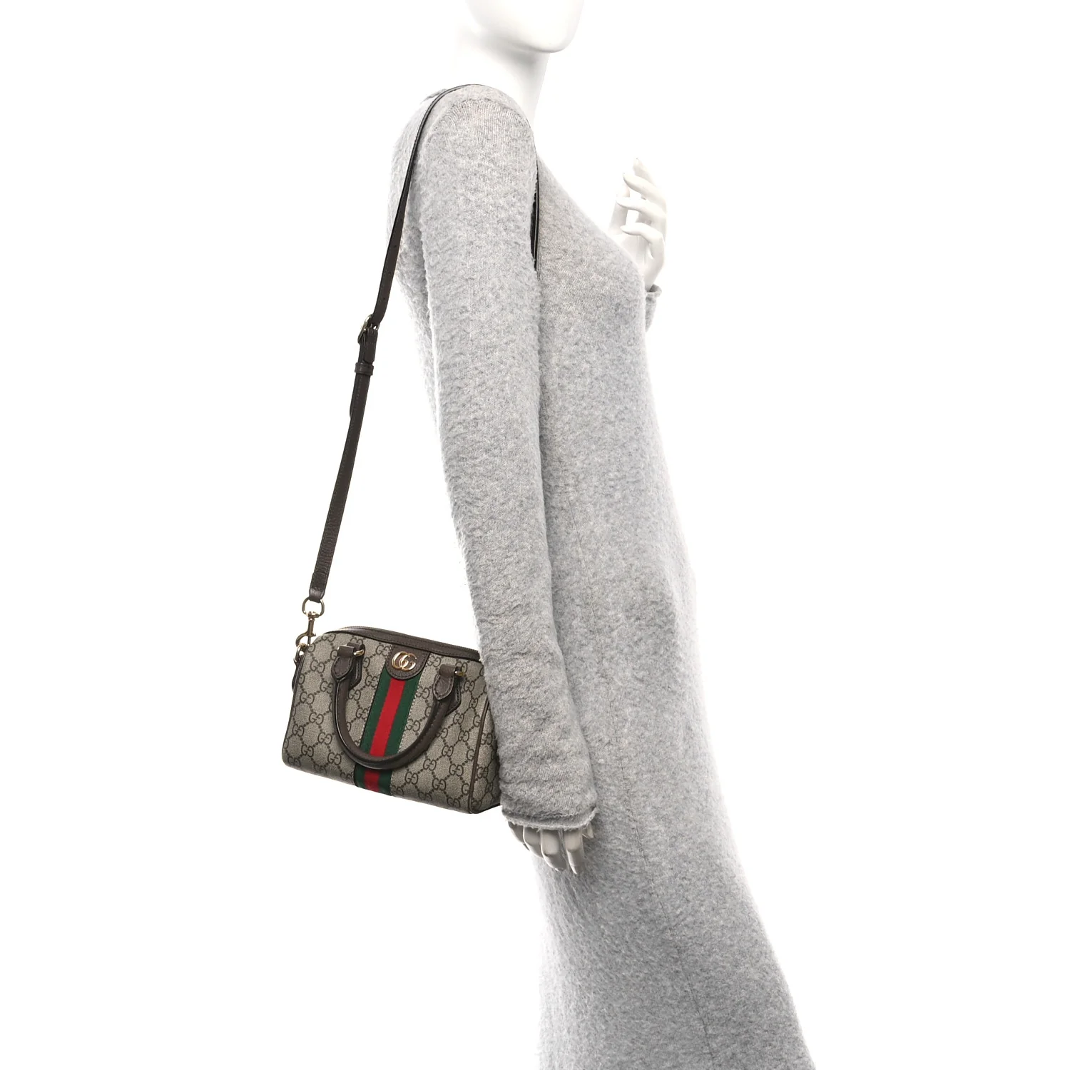 GG Supreme Monogram Textured Dollar Calfskin Web Mini Ophidia Top Handle Bag Beige Ebony New Acero