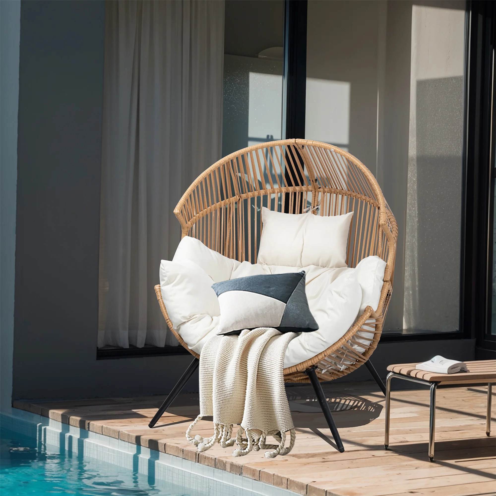 Egg Chairs Outdoor Patio Wicker Oversized Egg Shell Lounger Lawn Chair with Cushion for Indoor Outside Porch Balcony Backyard, Original Wood Color Rattan Beige Cushion(Wooden Color Rattan Beige Cushion/No-Rocking) - Image 4