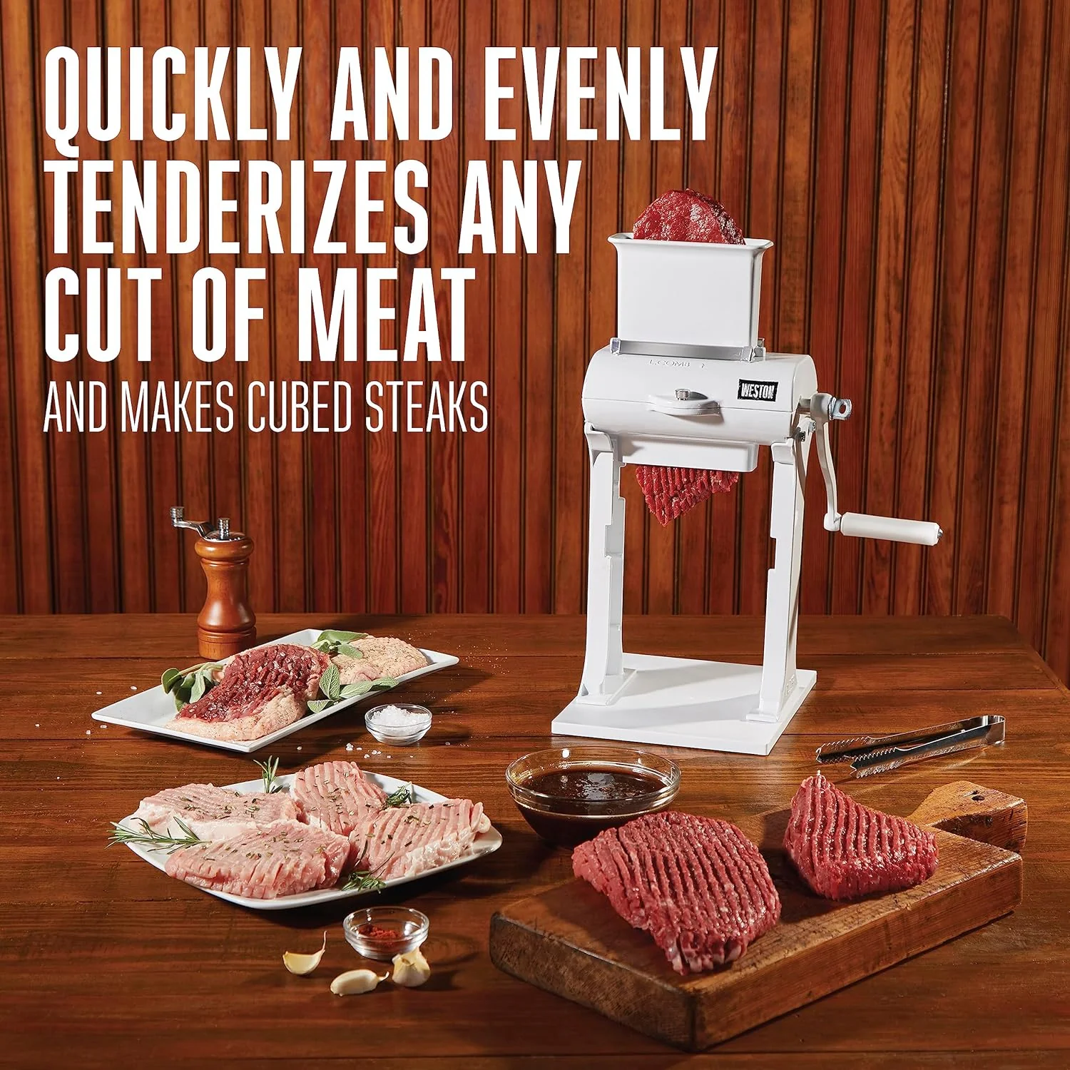 Meat Tenderizer Tool & Heavy Duty Cuber, Quick and Easy Manual Operation For Cuts Up To 4.5” Wide x .75” Thick, Durable Aluminum Construction, Stainless Steel Blades, White (07-3101-W-A)