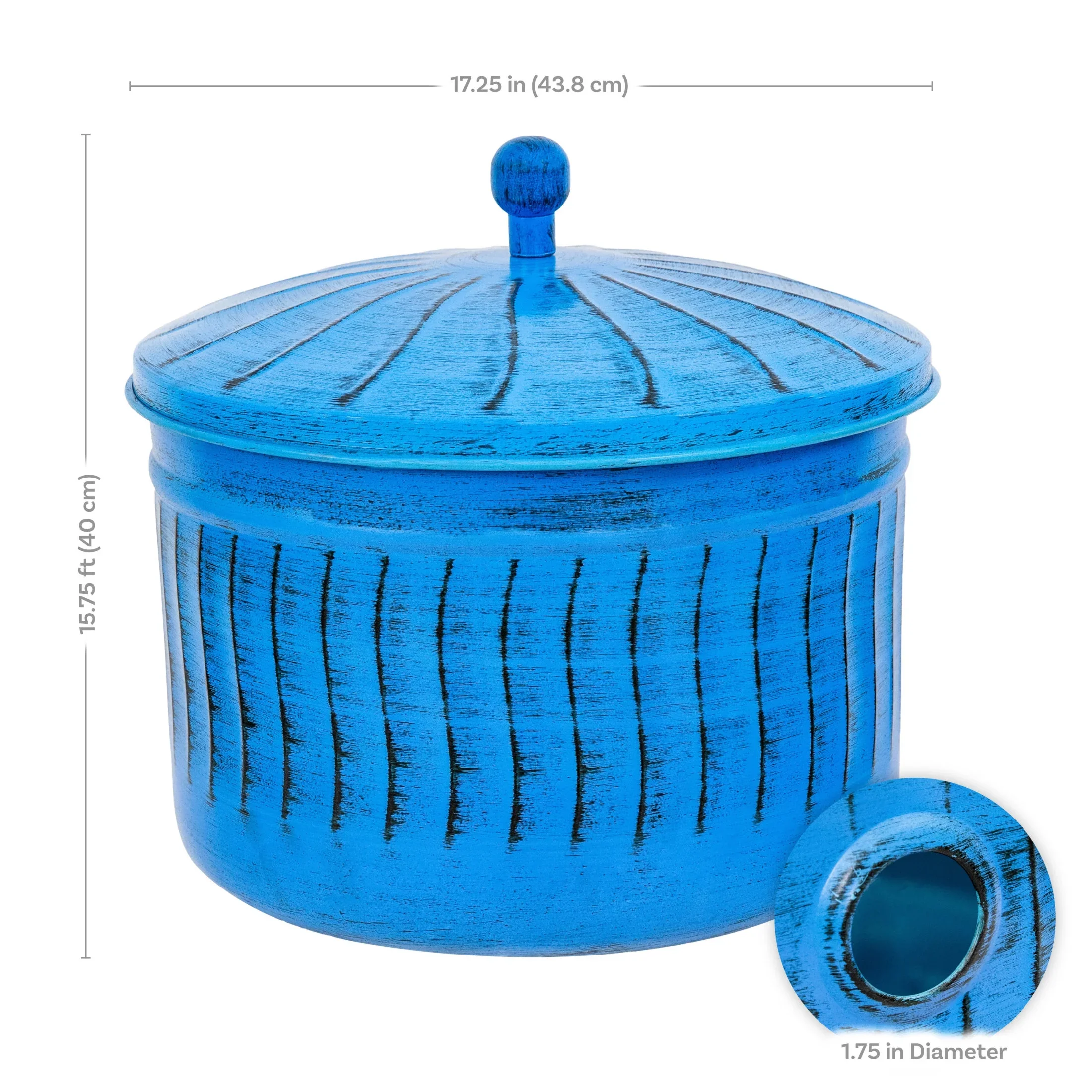 Sunnydaze 17.5 Embossed Metal Garden Hose Holder Pot with Lid, Blue Patina