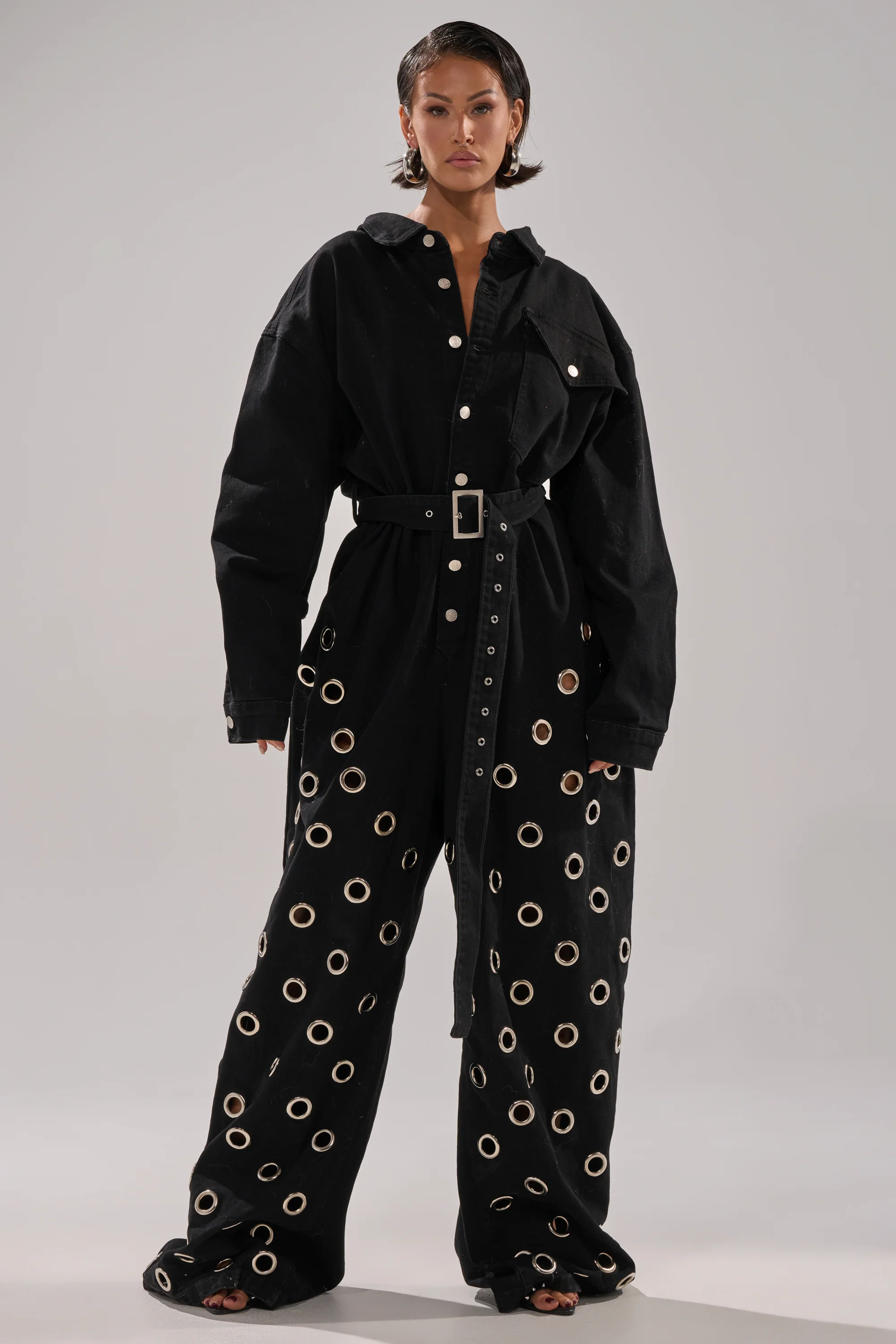 PLAY YOUR CARDS RIGHT DENIM JUMPSUIT WITH GROMMETS - Akira Store