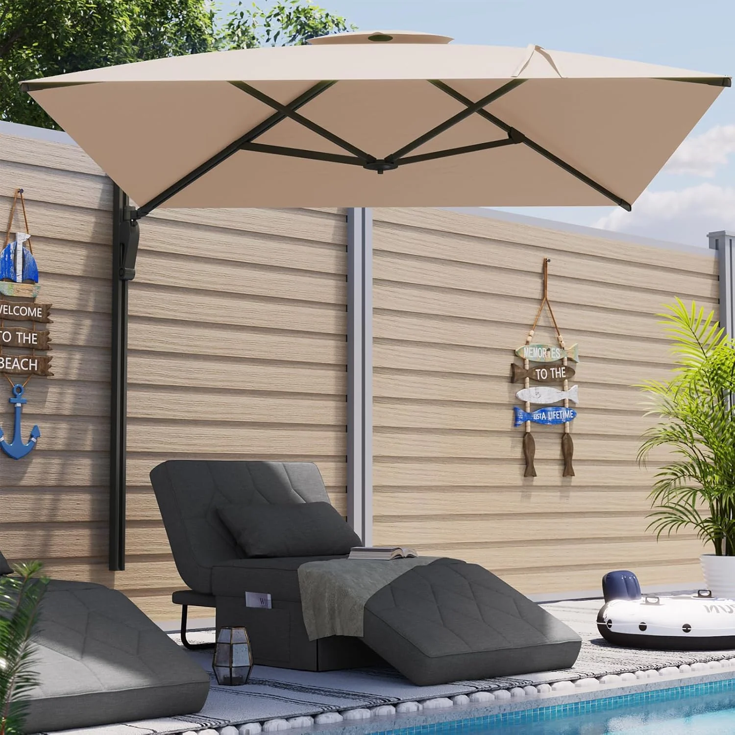 AECOJOY 10ft Cantilever Patio Umbrella, Large Rectangle Umbrella 180° Rotation Offset, Beige