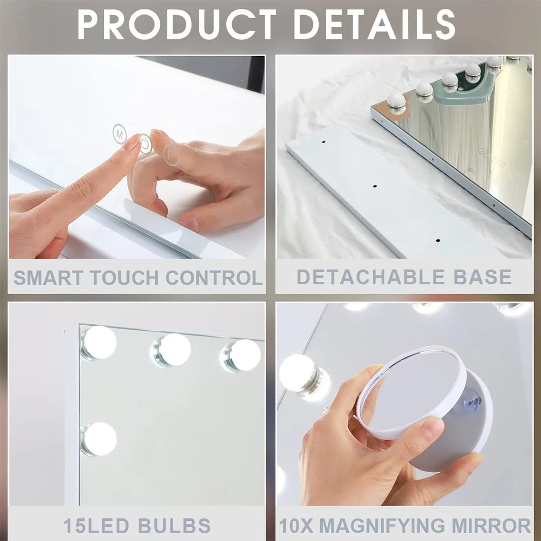 COOLJEEN Large Hollywood Vanity Mirror with Lights Wall Mount Tabletop Metal White Image 2