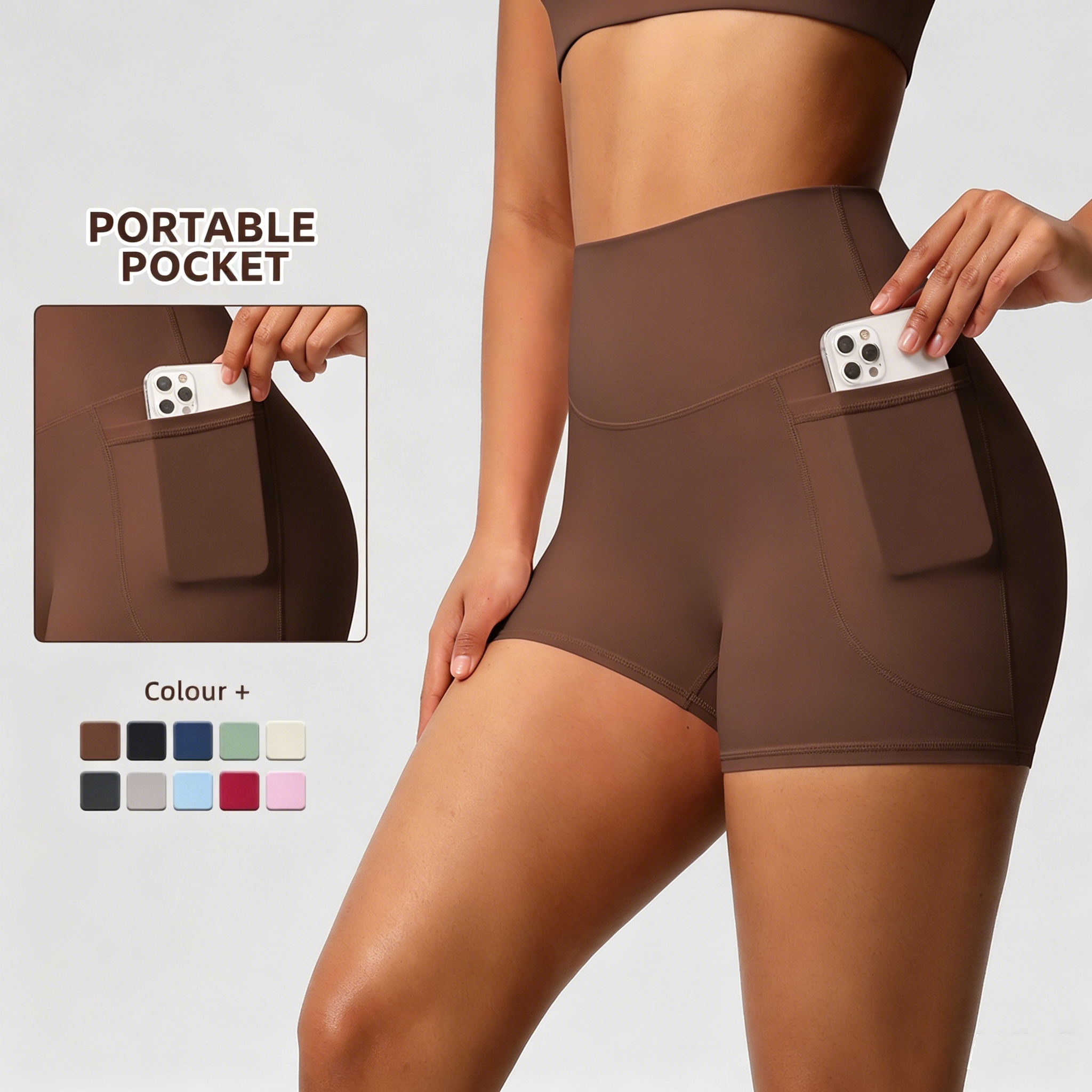 High-waisted, tight-fitting, stretchy yoga shorts with pockets