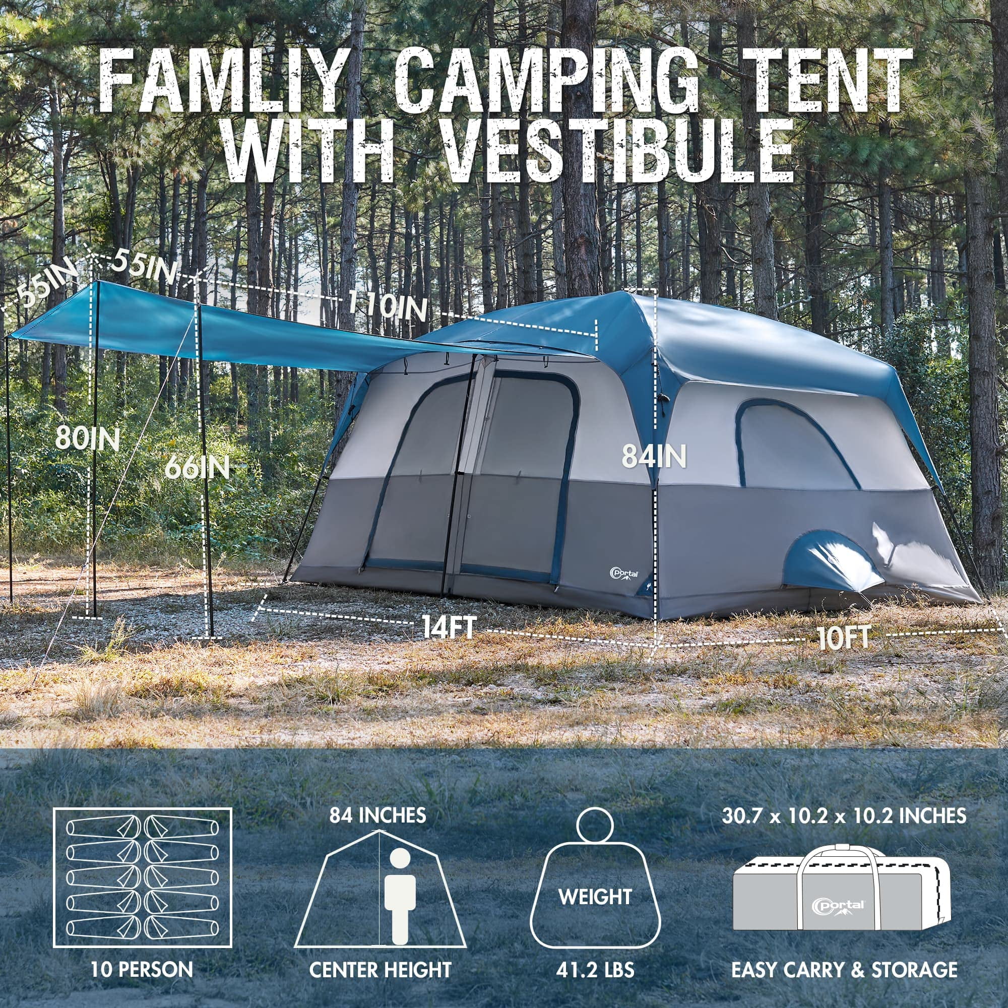 PORTAL Family Camping Tent for 6/8/10 People with Porch Tall Height Good Ventilation Water Resistant Ideal for Outdoor Camping Backyard