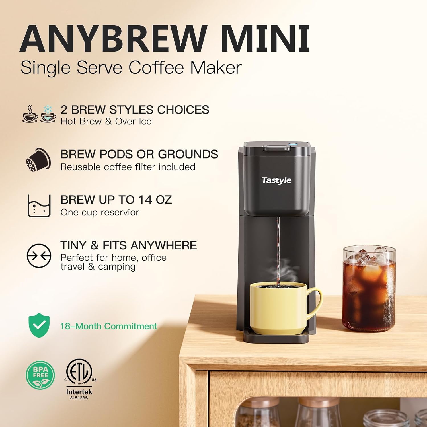 Tastyle Mini Single Serve Hot and Iced Coffee Maker for K Cup and Ground Coffee| 6 to 14 Oz Brew Sizes, with Recipe Book, for Home, Travel, RV, Office and Dorm, 120V, K310IC, 2.0 version, Classic Black