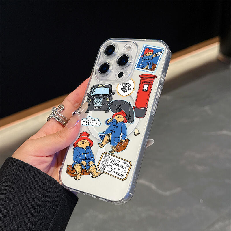 New Apple phone case, transparent magnetic bear phone case, cartoon bear stamp compatible with Apple 11, 12, 13, 14, 15, 16, 17 Pro and Pro Max models - wanlinfang