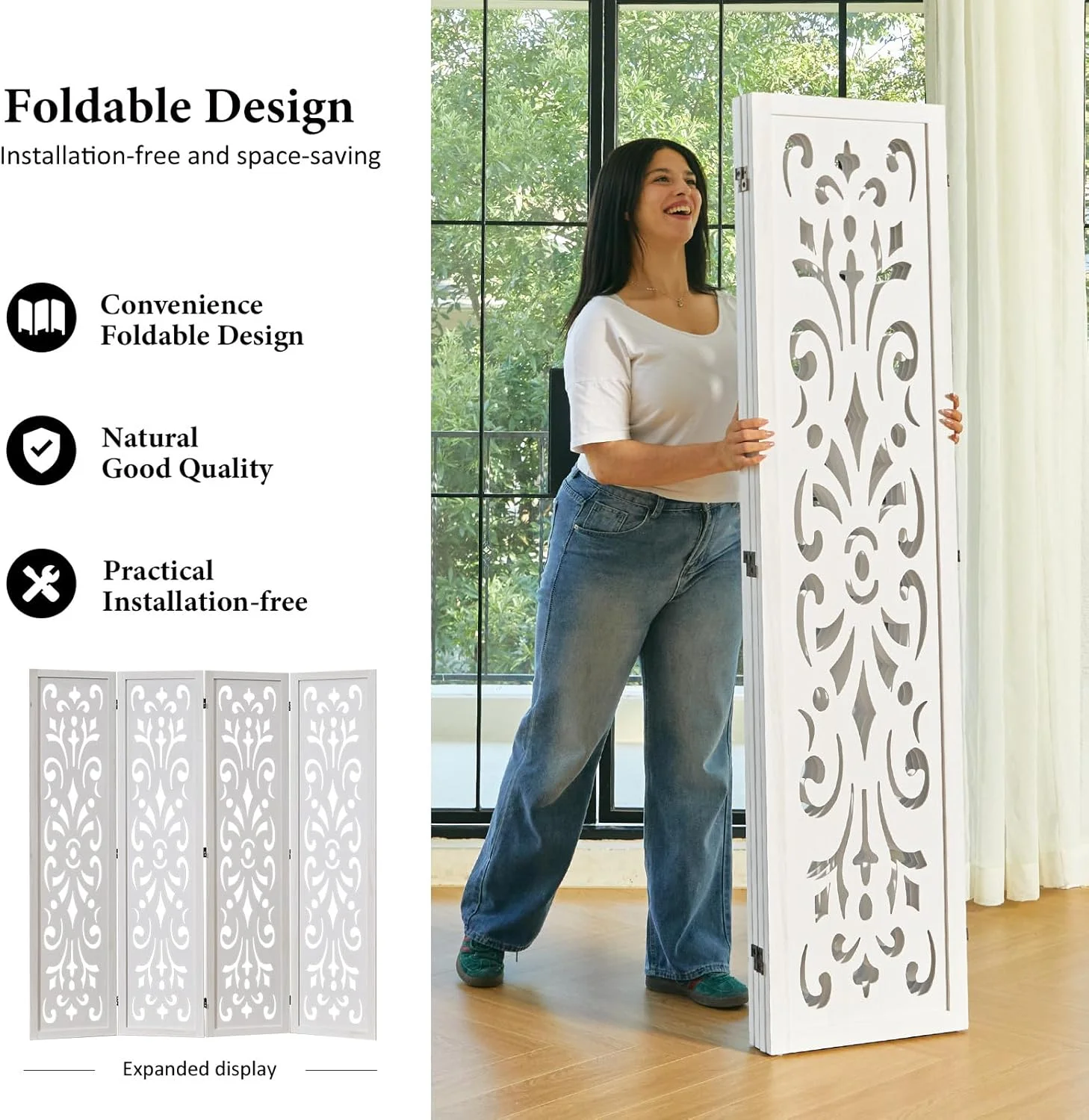 5.6Ft Room Divider Folding Wood Classical Carved Partition Screen for Home Office Garden 4 Panels (White)(4 Panels/White Exotic) - Image 3