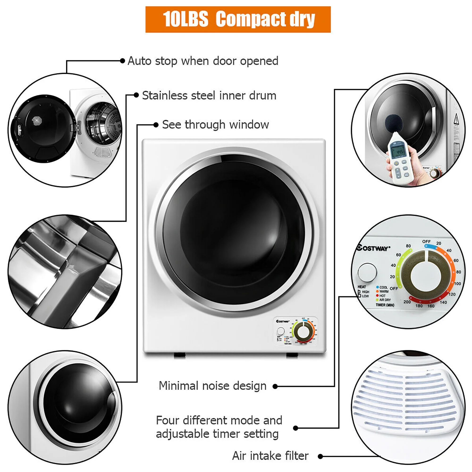 Electric Tumble Compact Cloth Dryer Stainless Steel Wall Mounted 1.5 cu.ft.(White) - Image 5