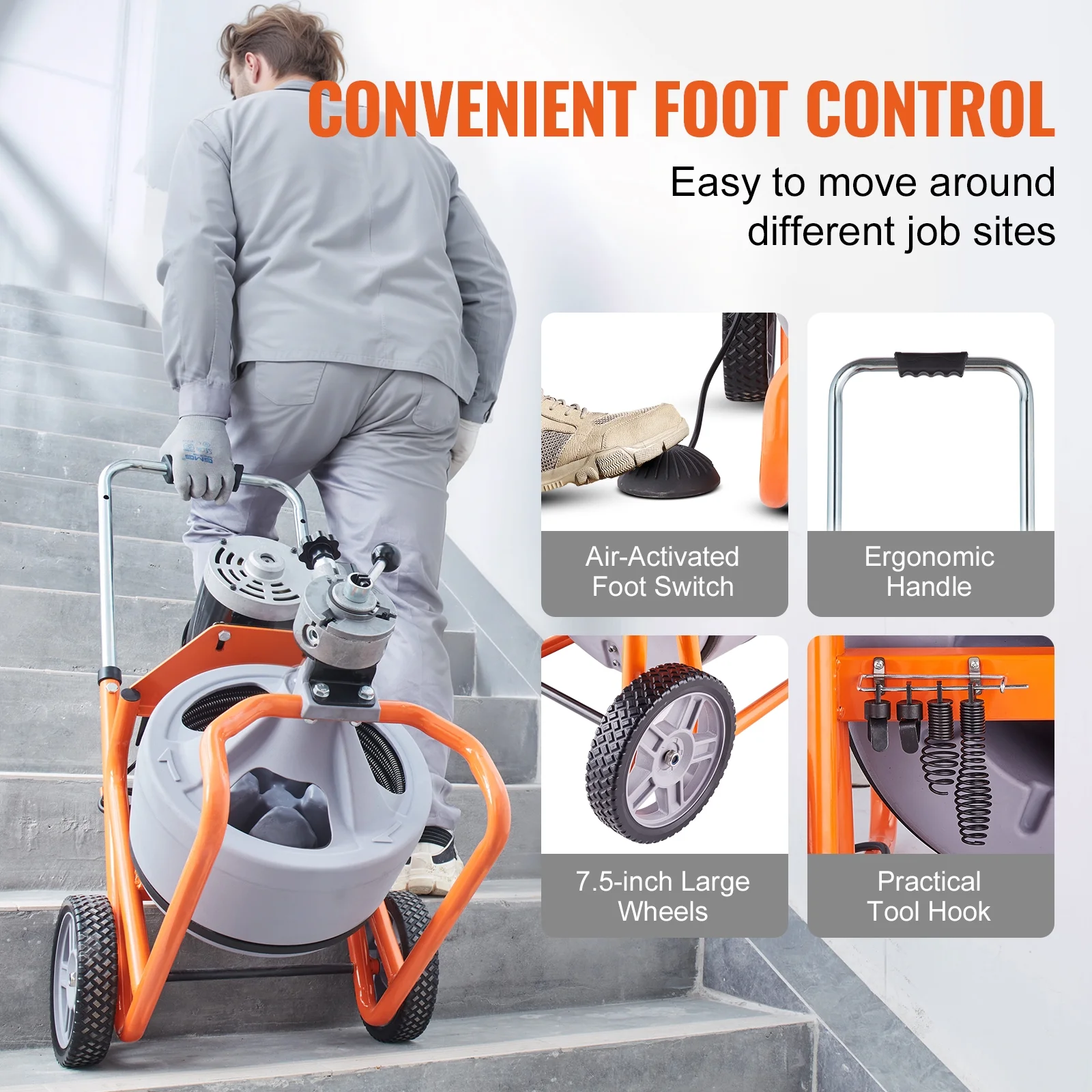 Drain Cleaner Machine 100FT x 3/8 Inch, Auto Feed Sewer Snake Drain Auger on Wheels, Portable Drain Cleaning Machine with 8 Cutters Air-activated Foot Switch for 2" to 4" Pipes - Image 9