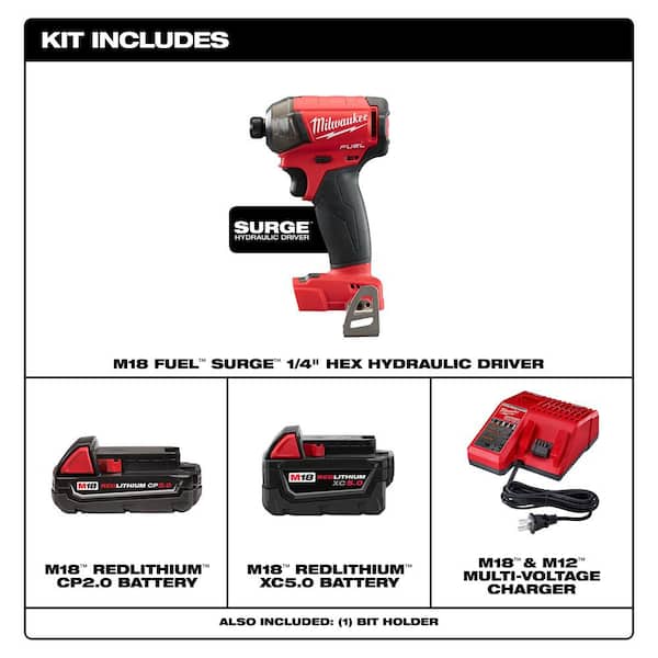 M18 FUEL SURGE 18V Lithium Ion Brushless Cordless 1/4 in Hex Impact Driver w/One 5 0Ah and One 2 0Ah Battery Charger Image 2