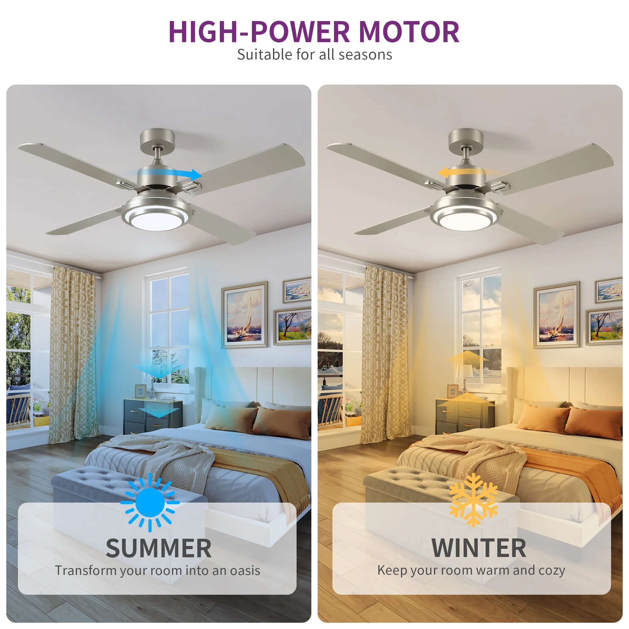 Dextrus 52'' Ceiling Fan with Light and Remote Control, 6 Speeds, 5 Timer Settings, and Dual - Finish Blades (Nickel)